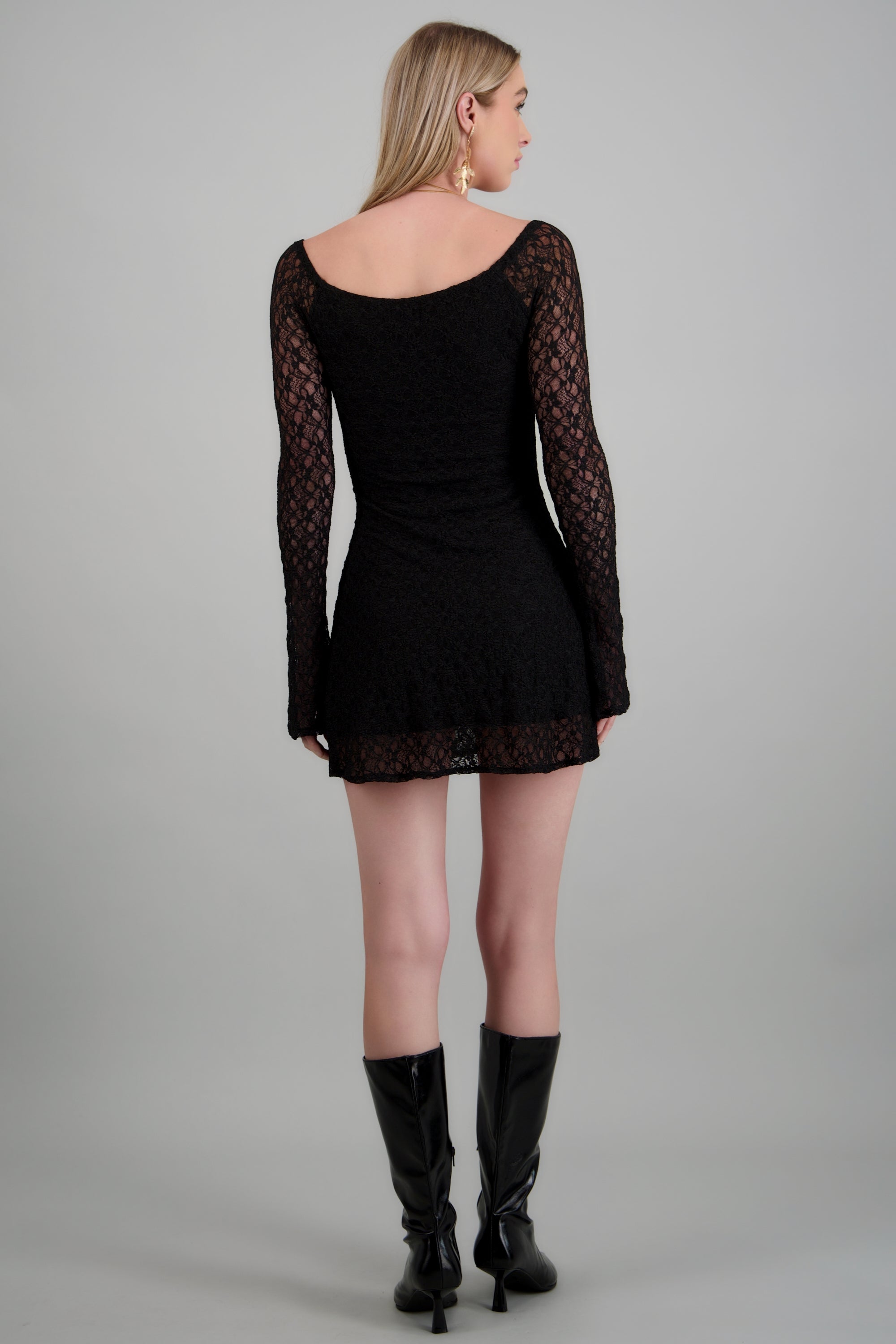 Vestido corto manga larga encaje NEGRO