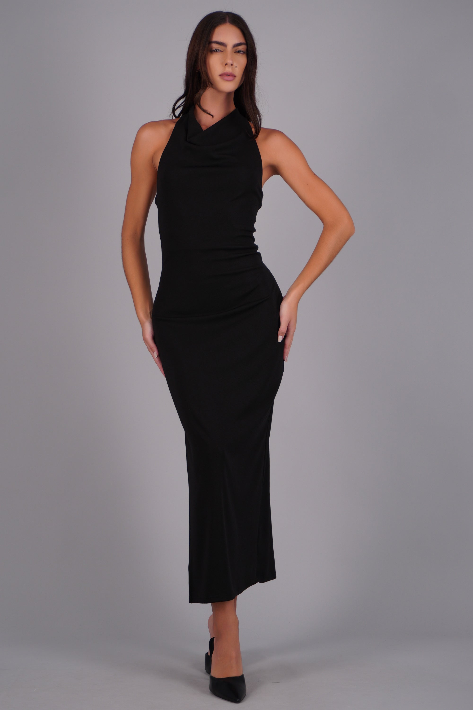 Vestido maxi escote cascada abertura NEGRO