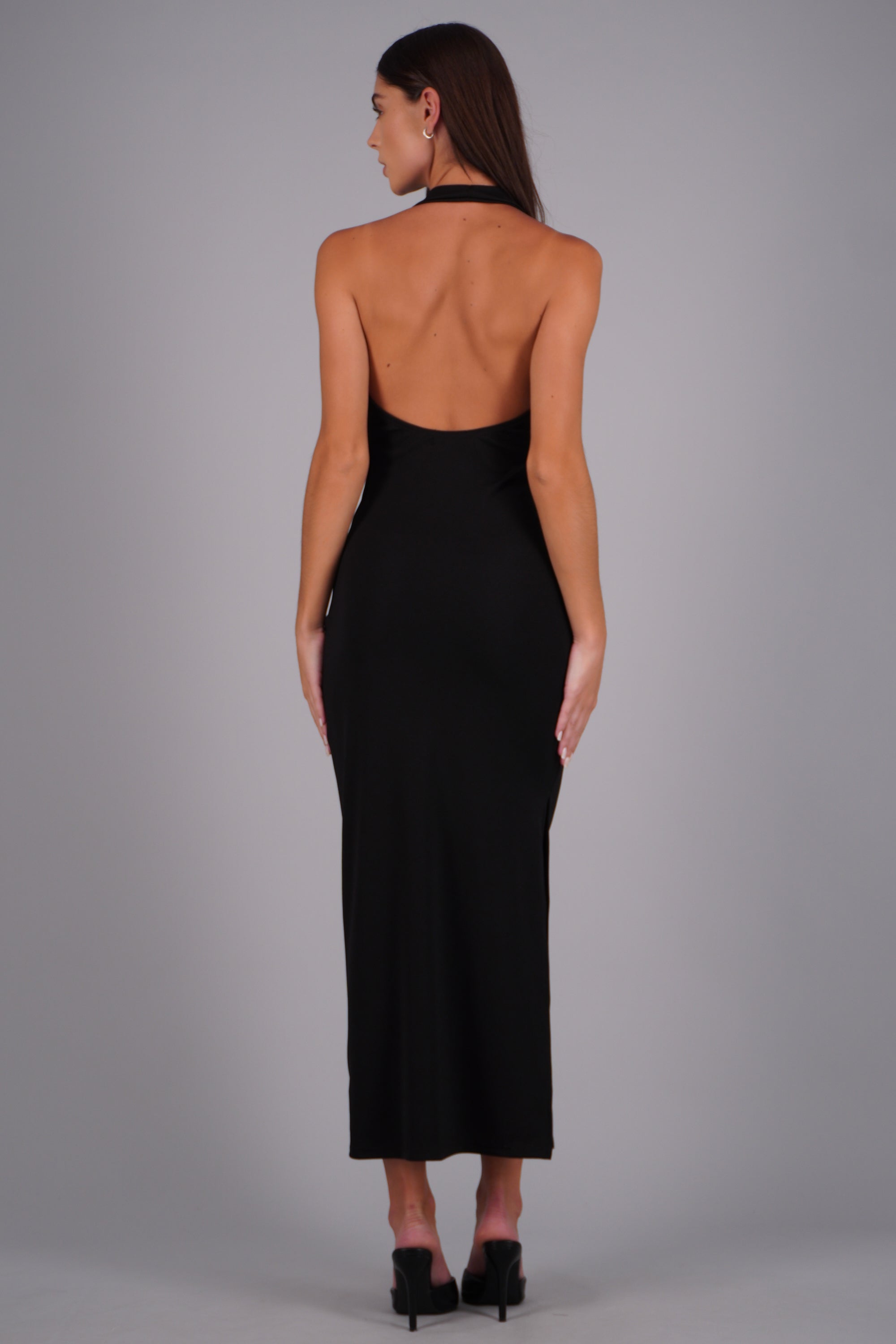 Vestido maxi escote cascada abertura NEGRO