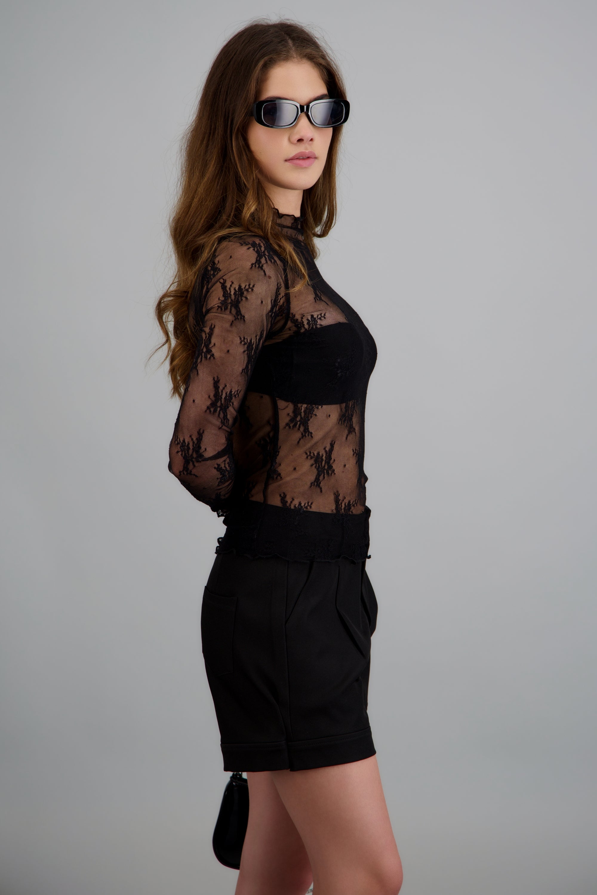 Top manga larga mesh encaje NEGRO