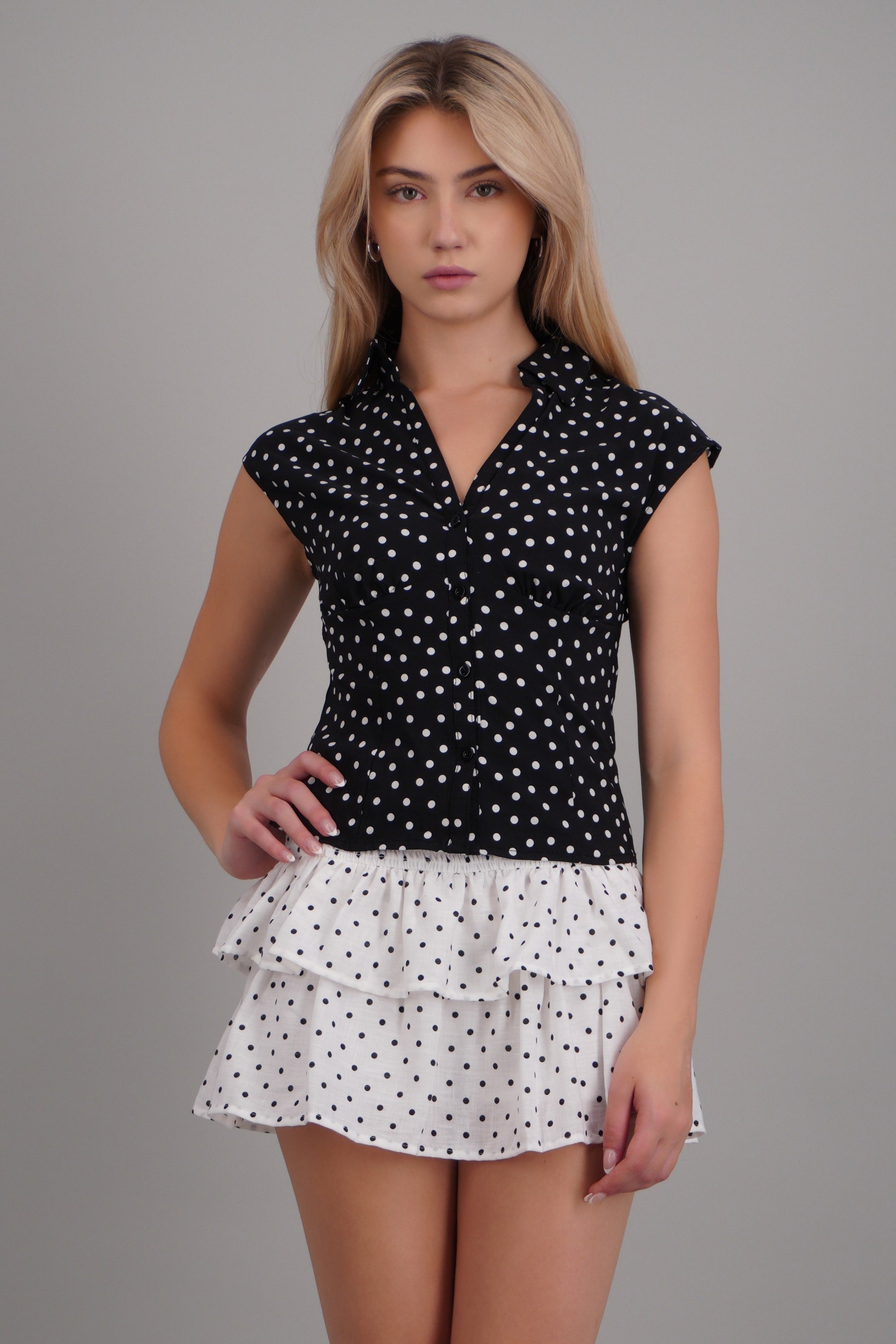 Camisa detalle cintura polka dots NEGRO COMBO
