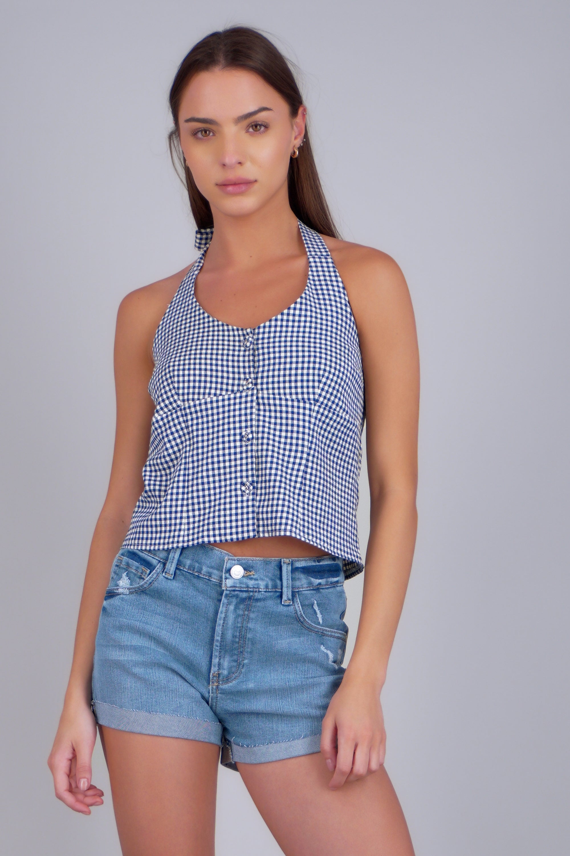 Top halter detalle botones ginham MARINO COMBO