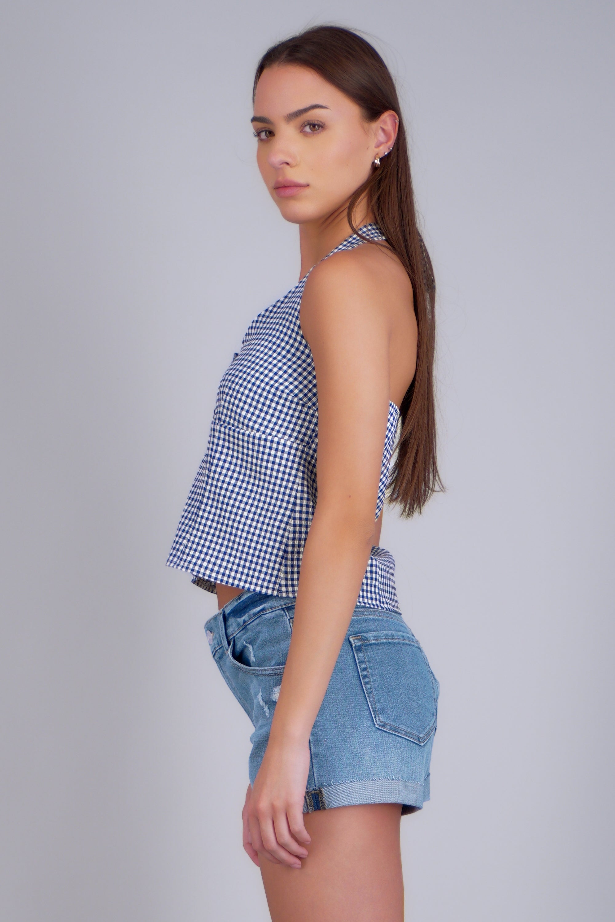 Top halter detalle botones ginham MARINO COMBO