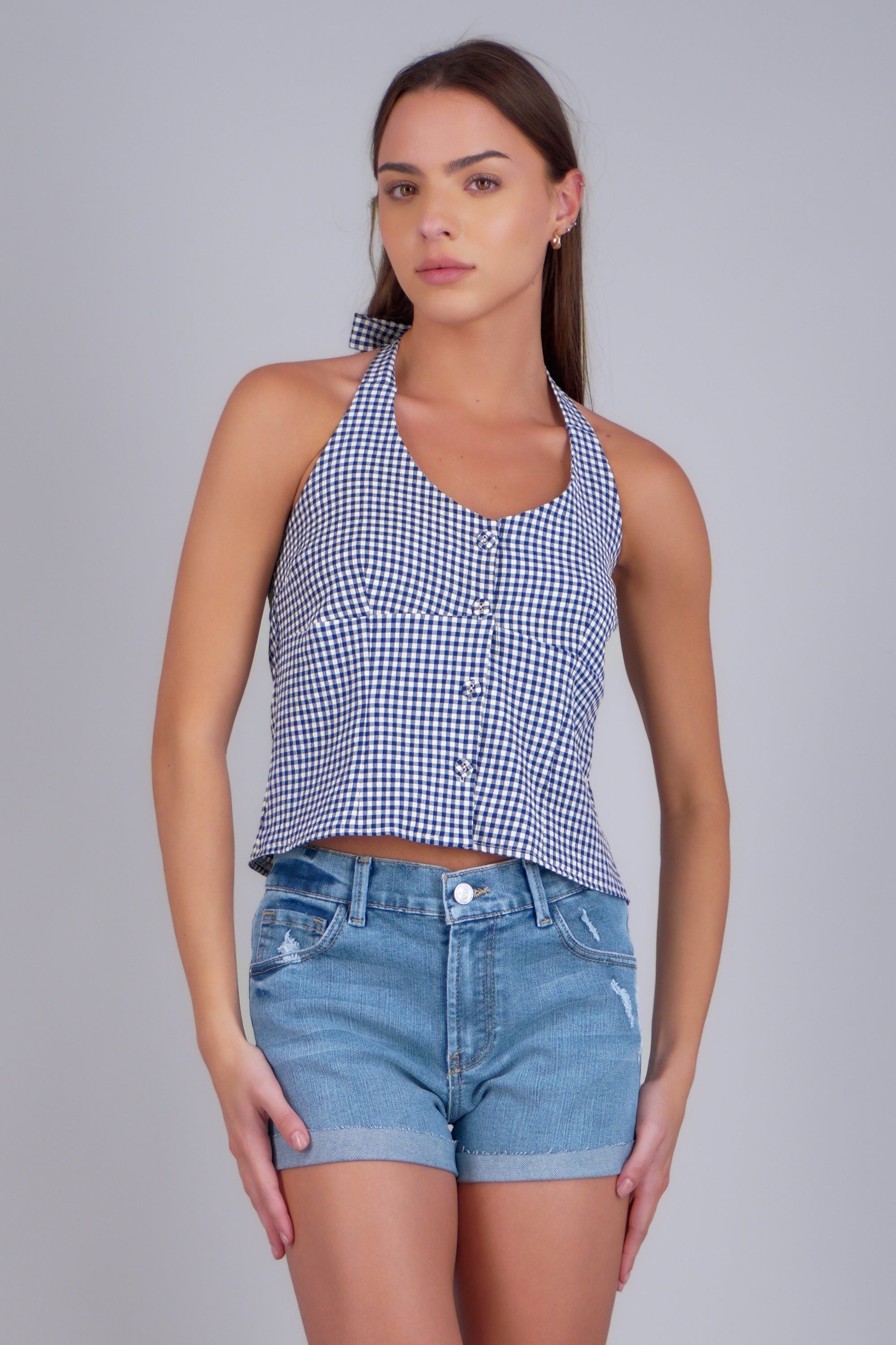 Top halter detalle botones ginham MARINO COMBO