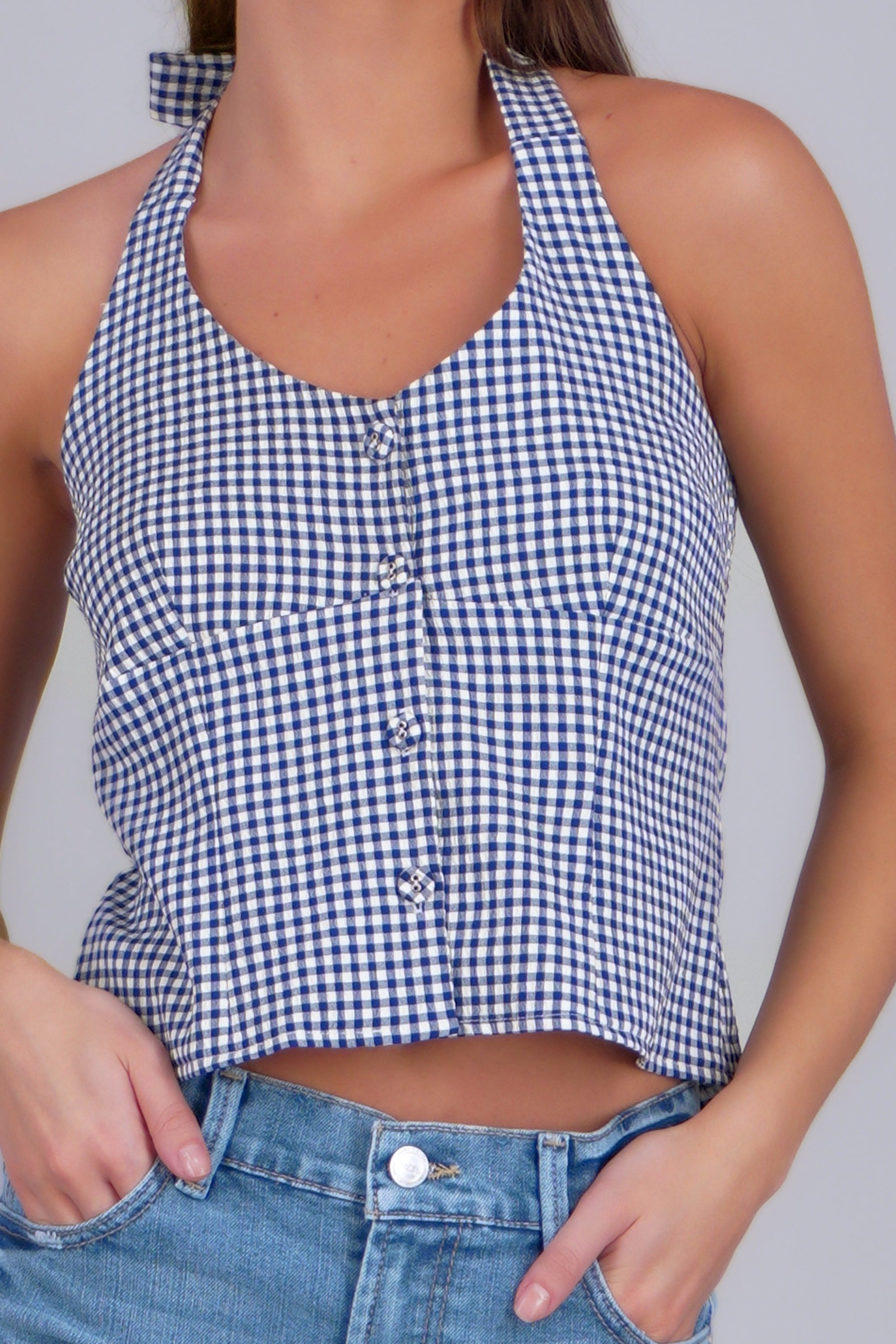 Top halter detalle botones ginham MARINO COMBO