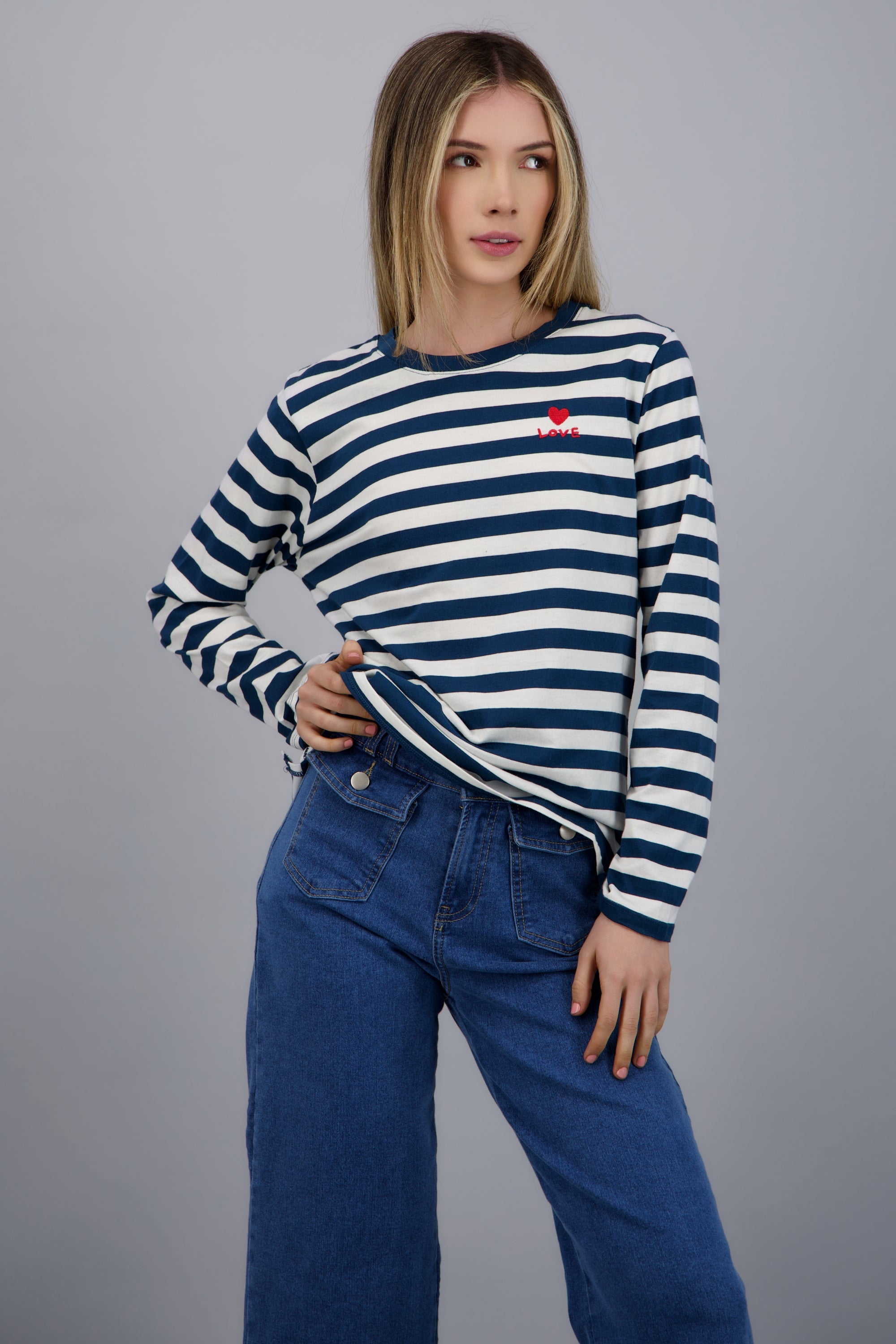 PLAYERA MANGA LARGA RAYAS AZUL COMBO