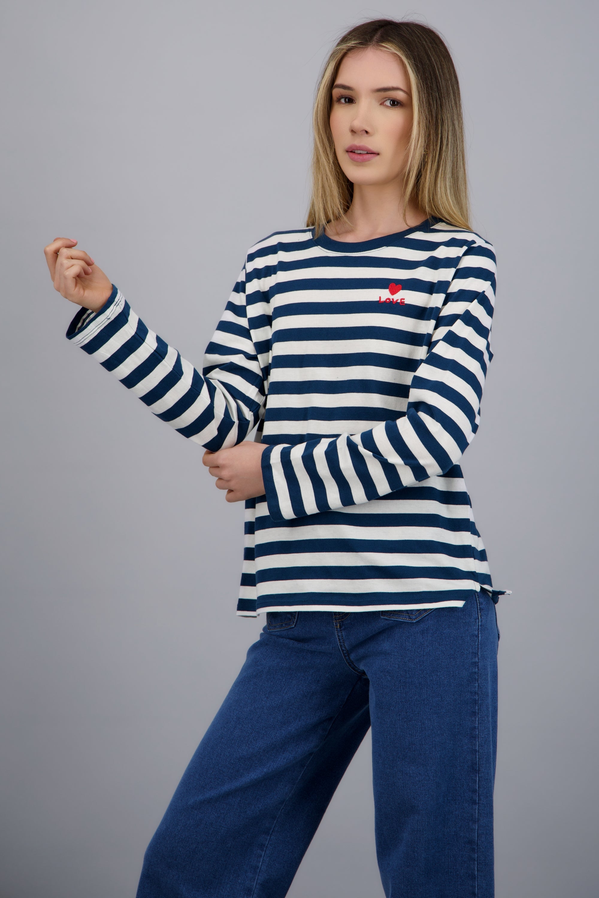 PLAYERA MANGA LARGA RAYAS AZUL COMBO