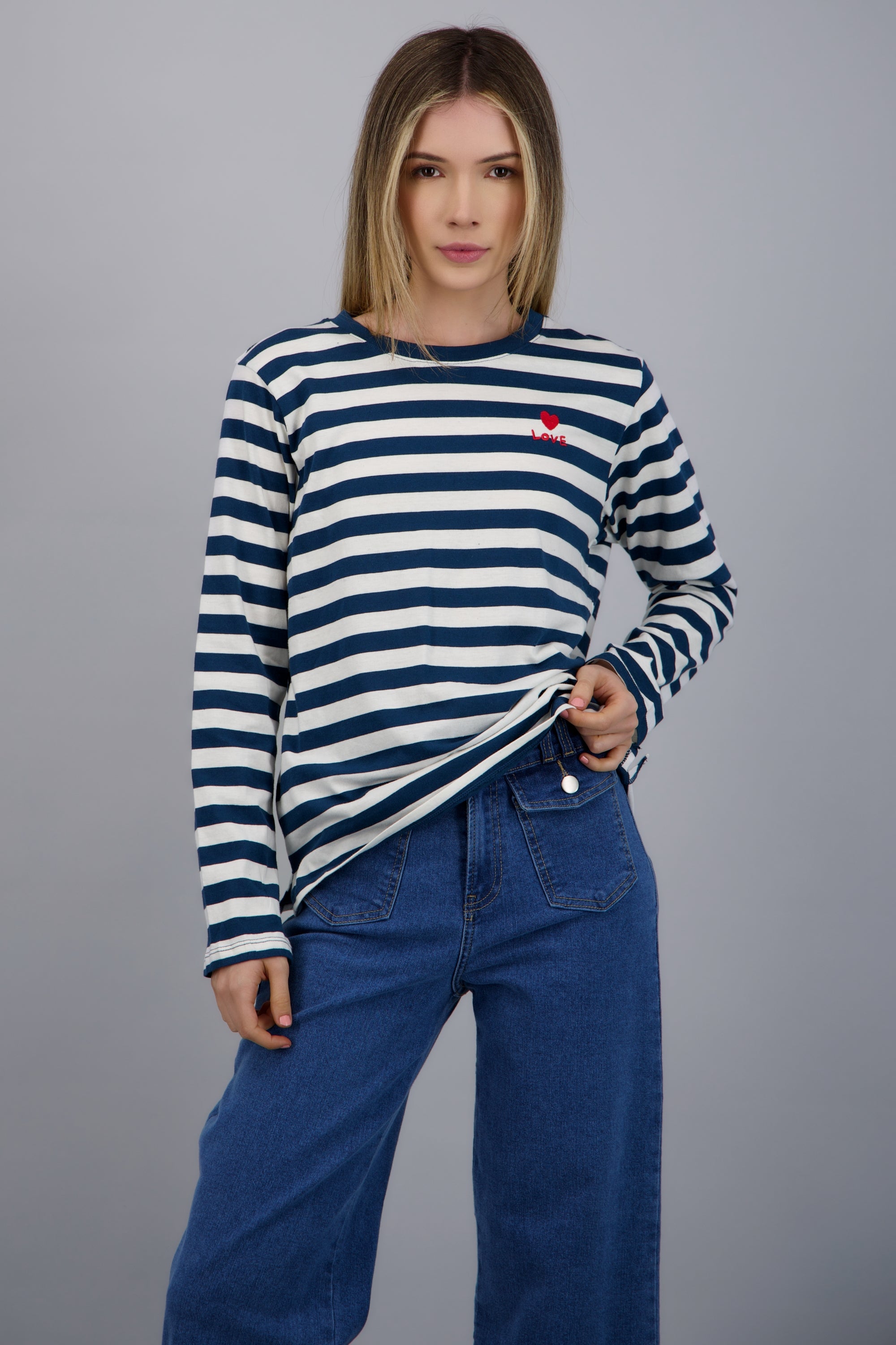 PLAYERA MANGA LARGA RAYAS AZUL COMBO
