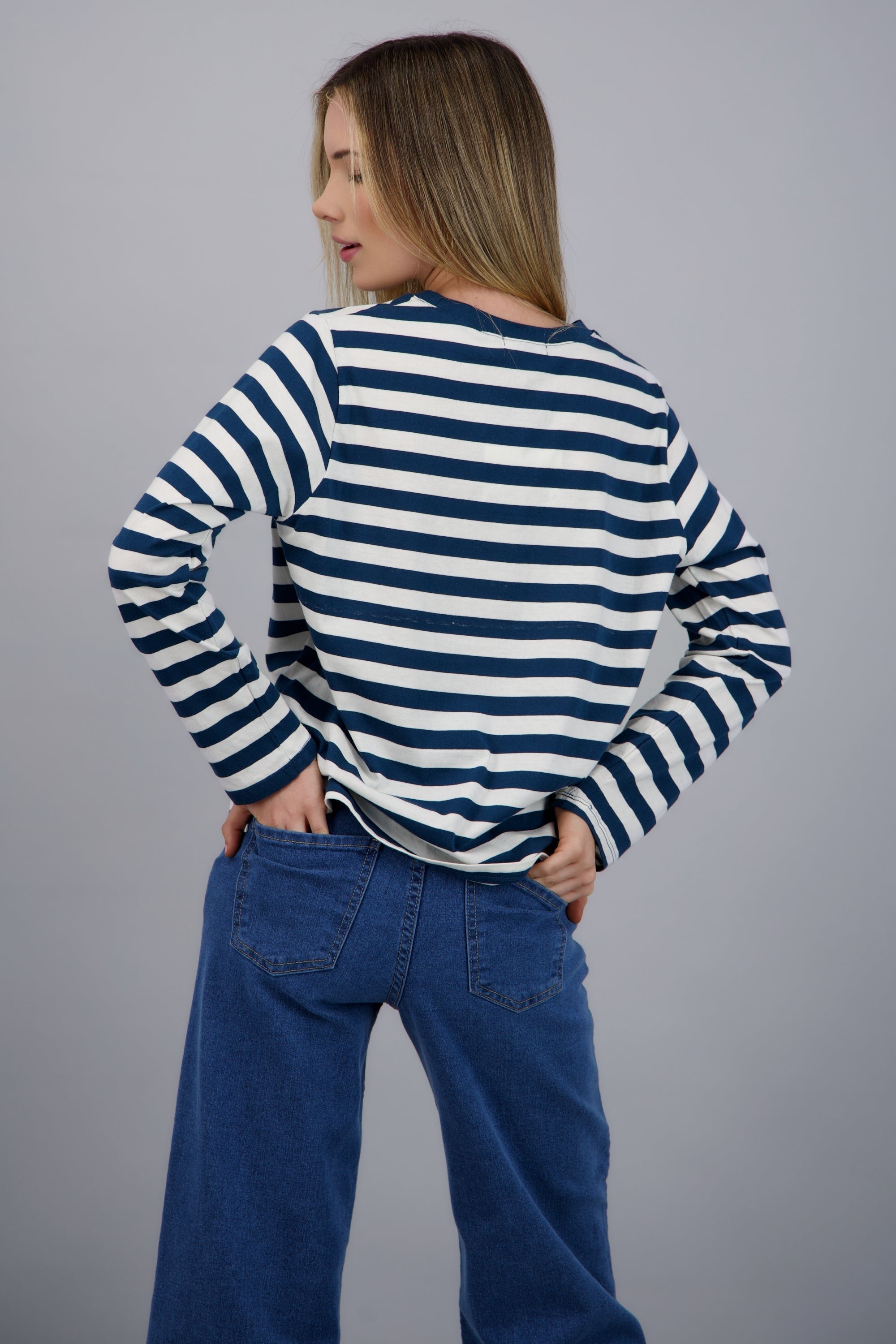 PLAYERA MANGA LARGA RAYAS AZUL COMBO