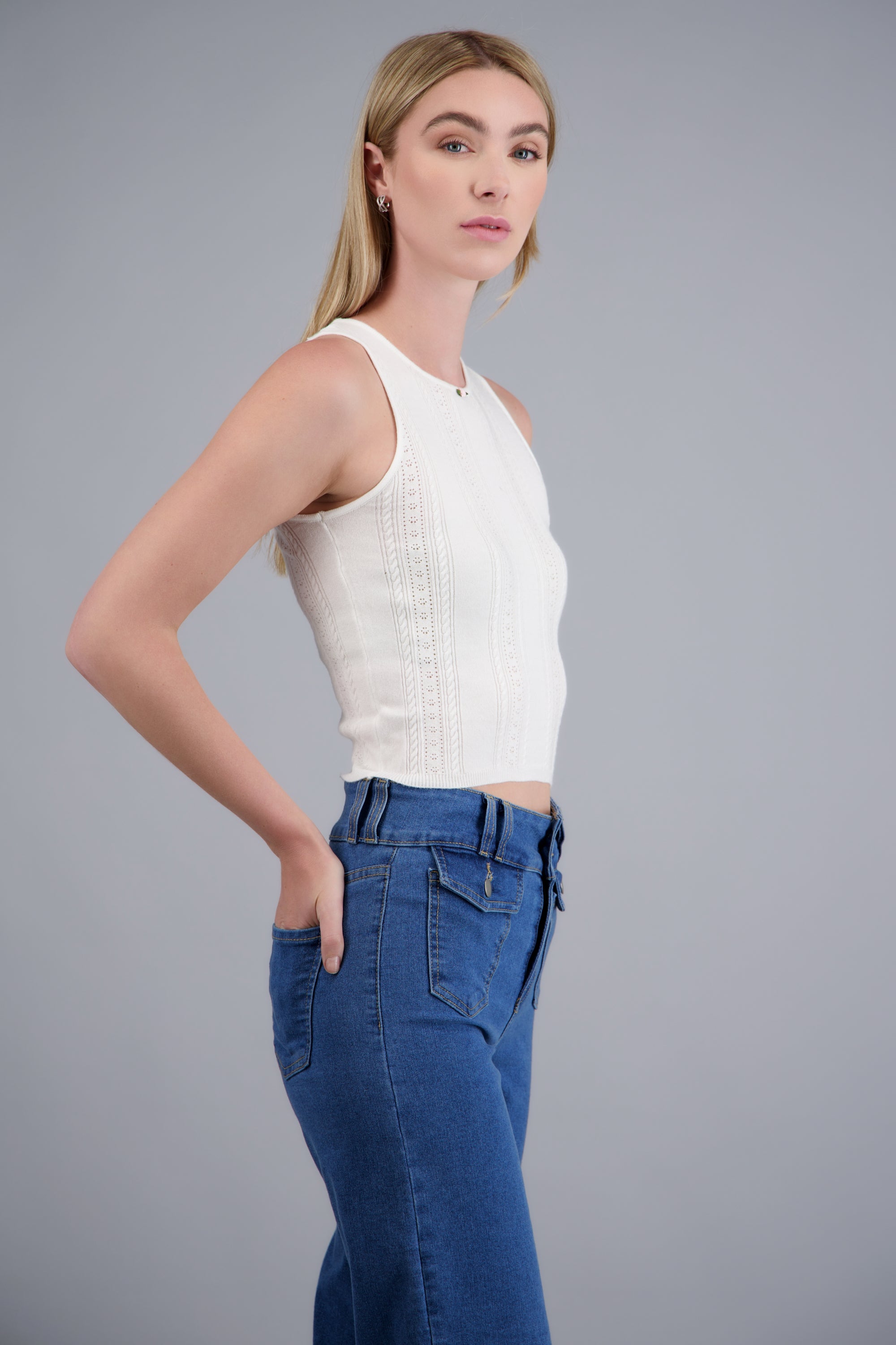 top tejido sin mangas cuello redondo BLANCO