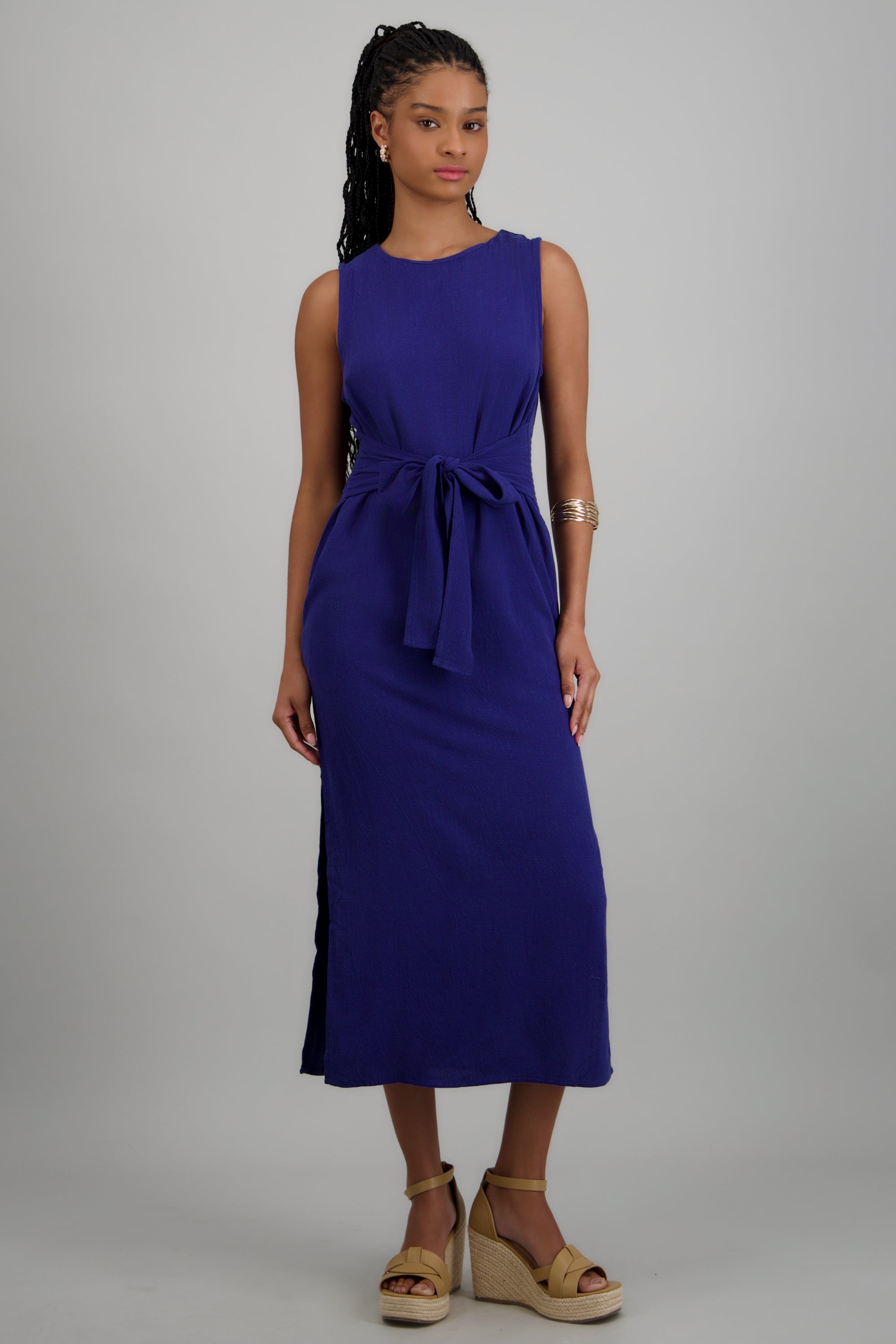 Vestido maxi aberturas con cinto AZUL