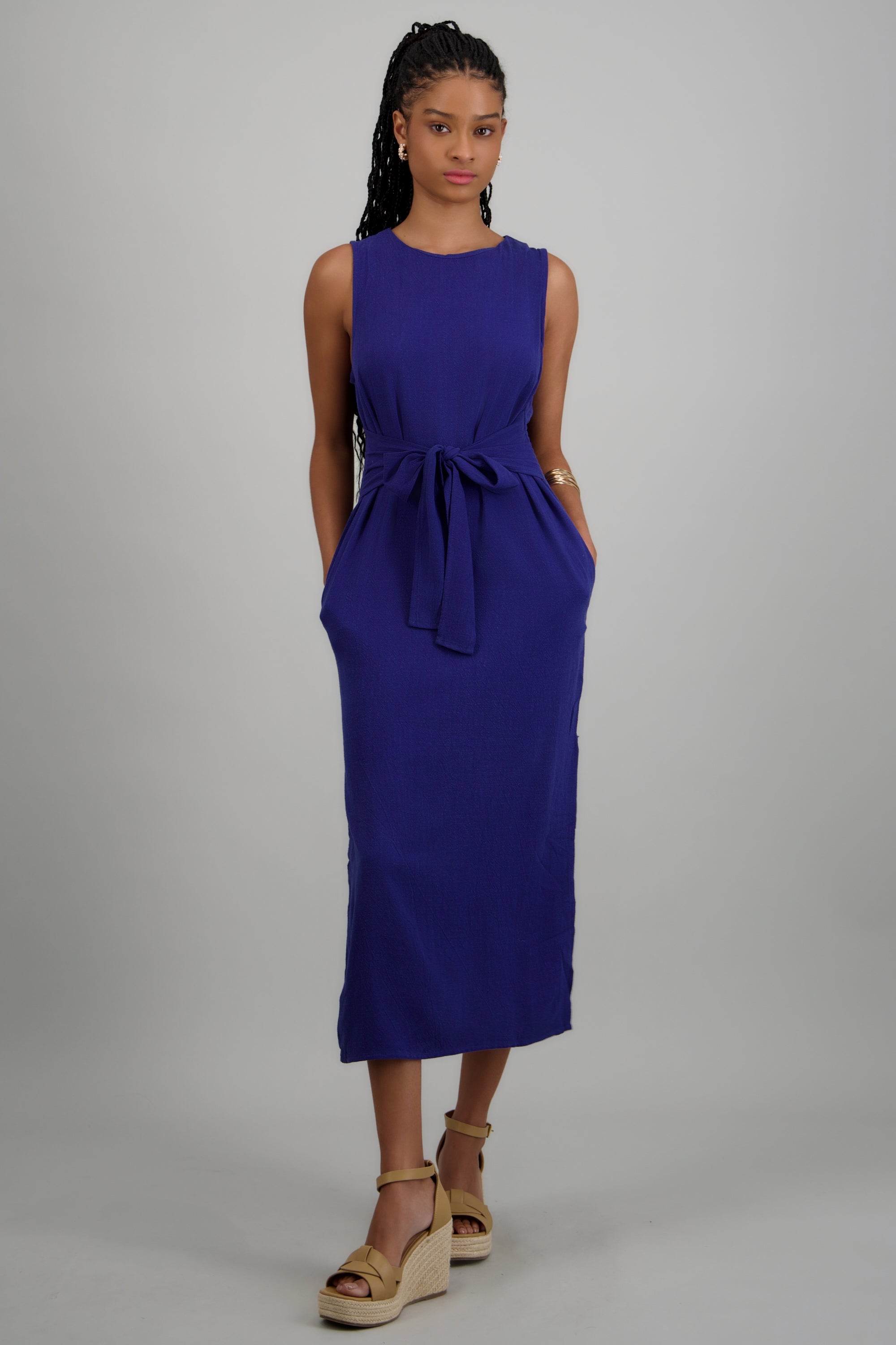 Vestido maxi aberturas con cinto AZUL