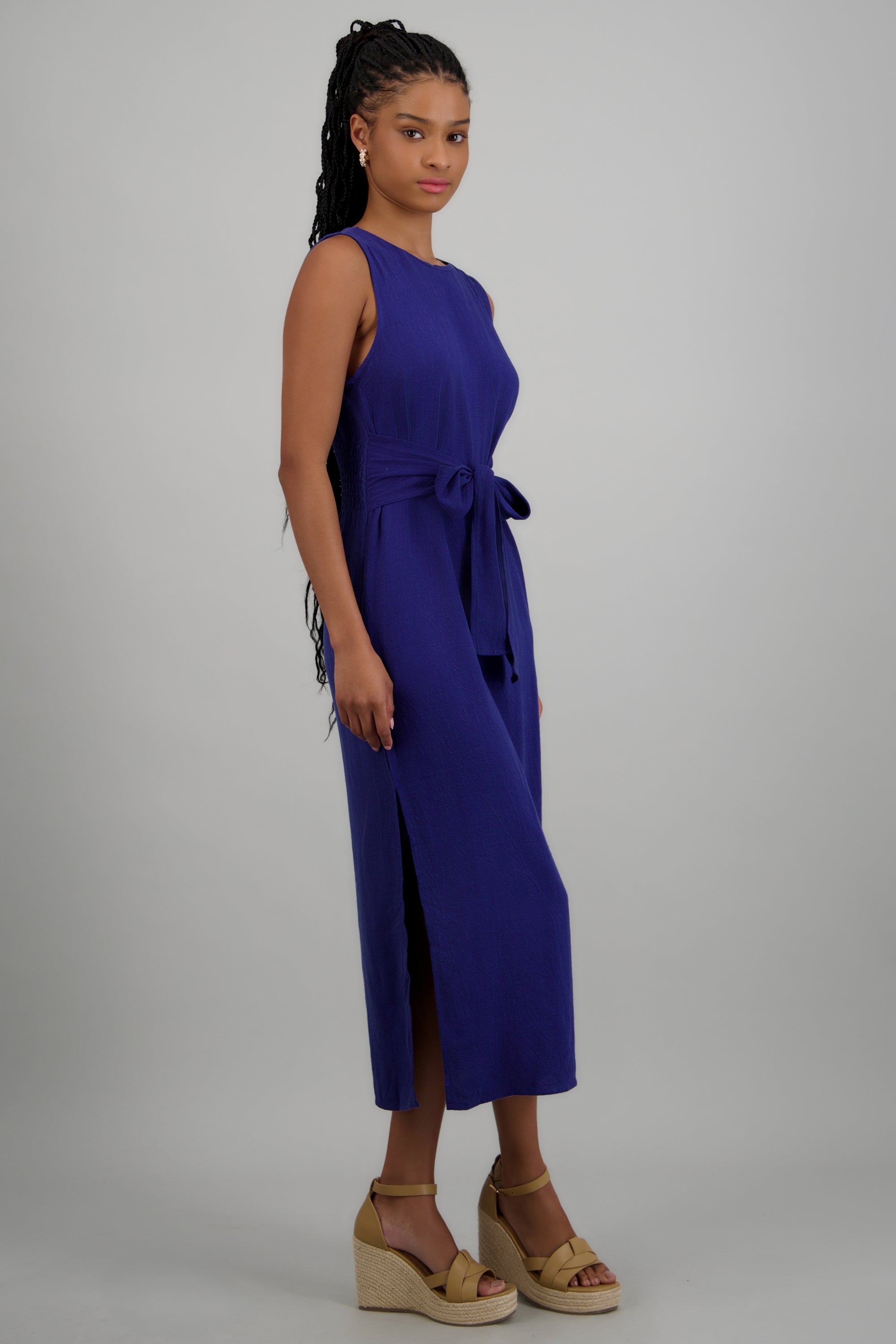 Vestido maxi aberturas con cinto AZUL