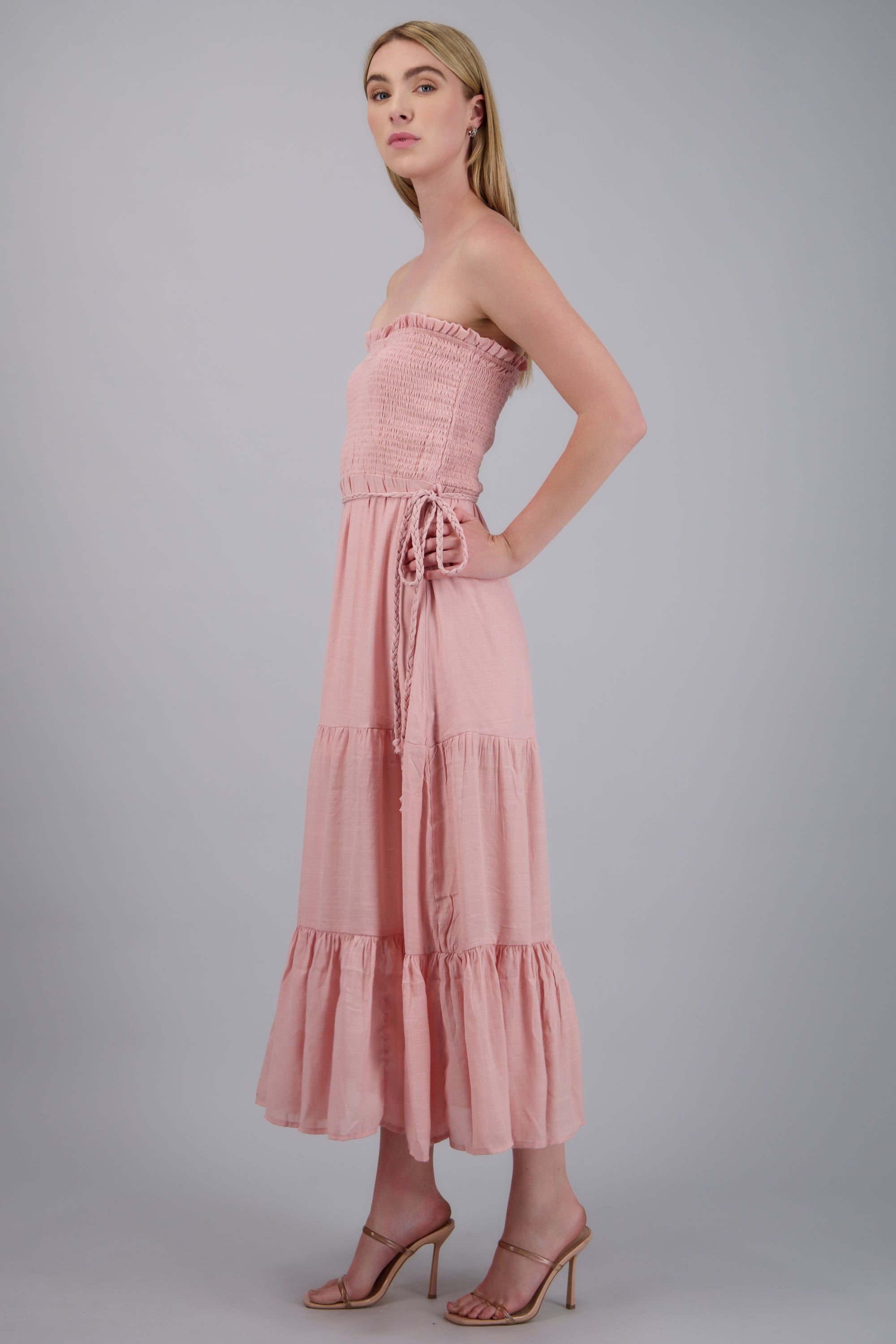 vestido maxi strapless fruncido ROSA PASTEL