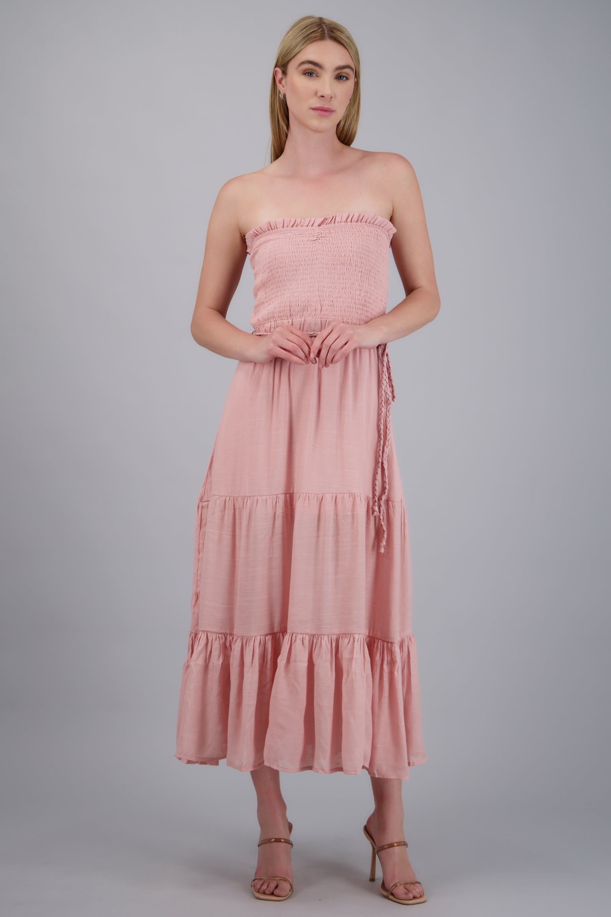 vestido maxi strapless fruncido ROSA PASTEL