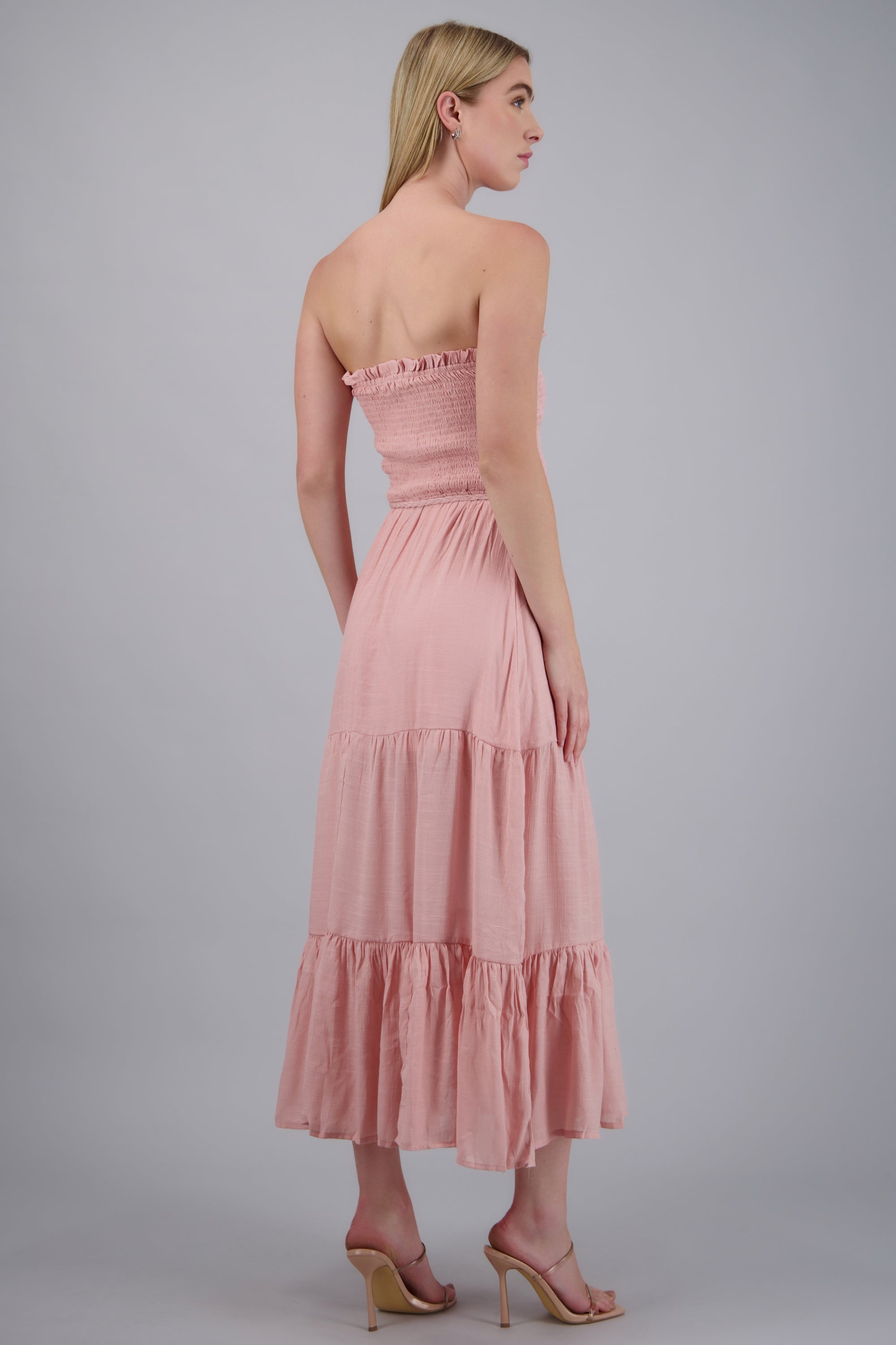 vestido maxi strapless fruncido ROSA PASTEL
