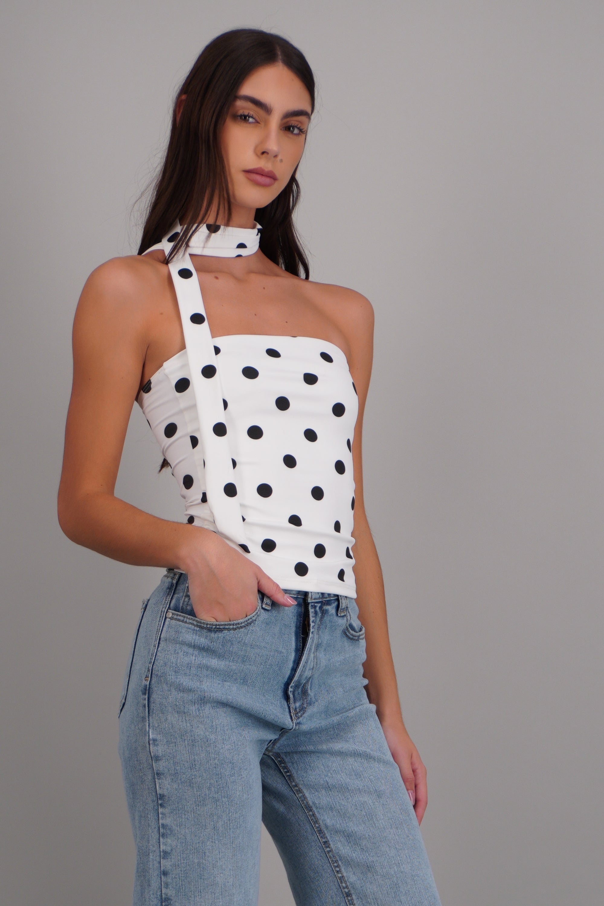 Top tubo detalle bufanda polka dots BLANCO COMBO