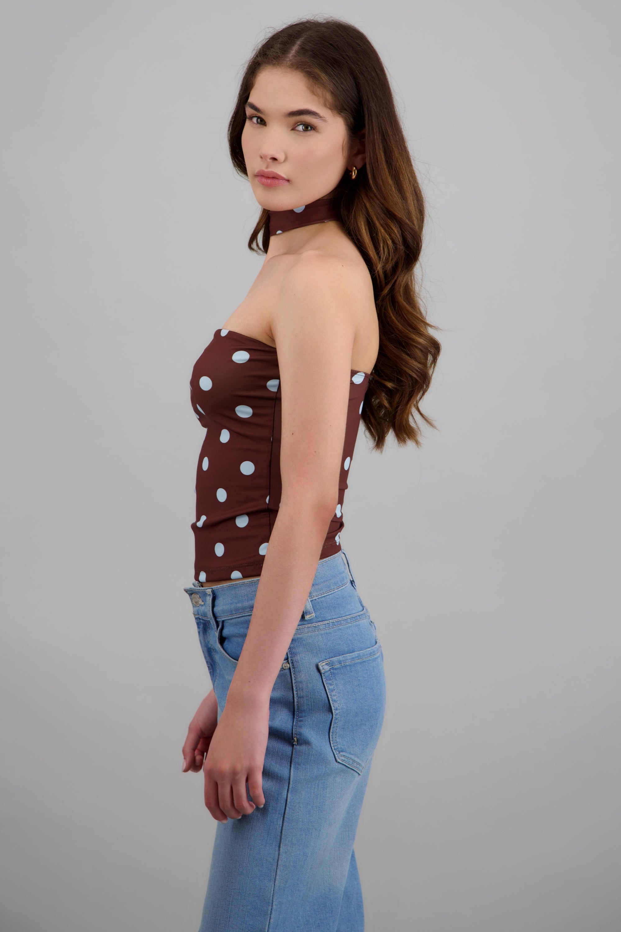 Top tubo detalle bufanda polka dots CAFE COMBO