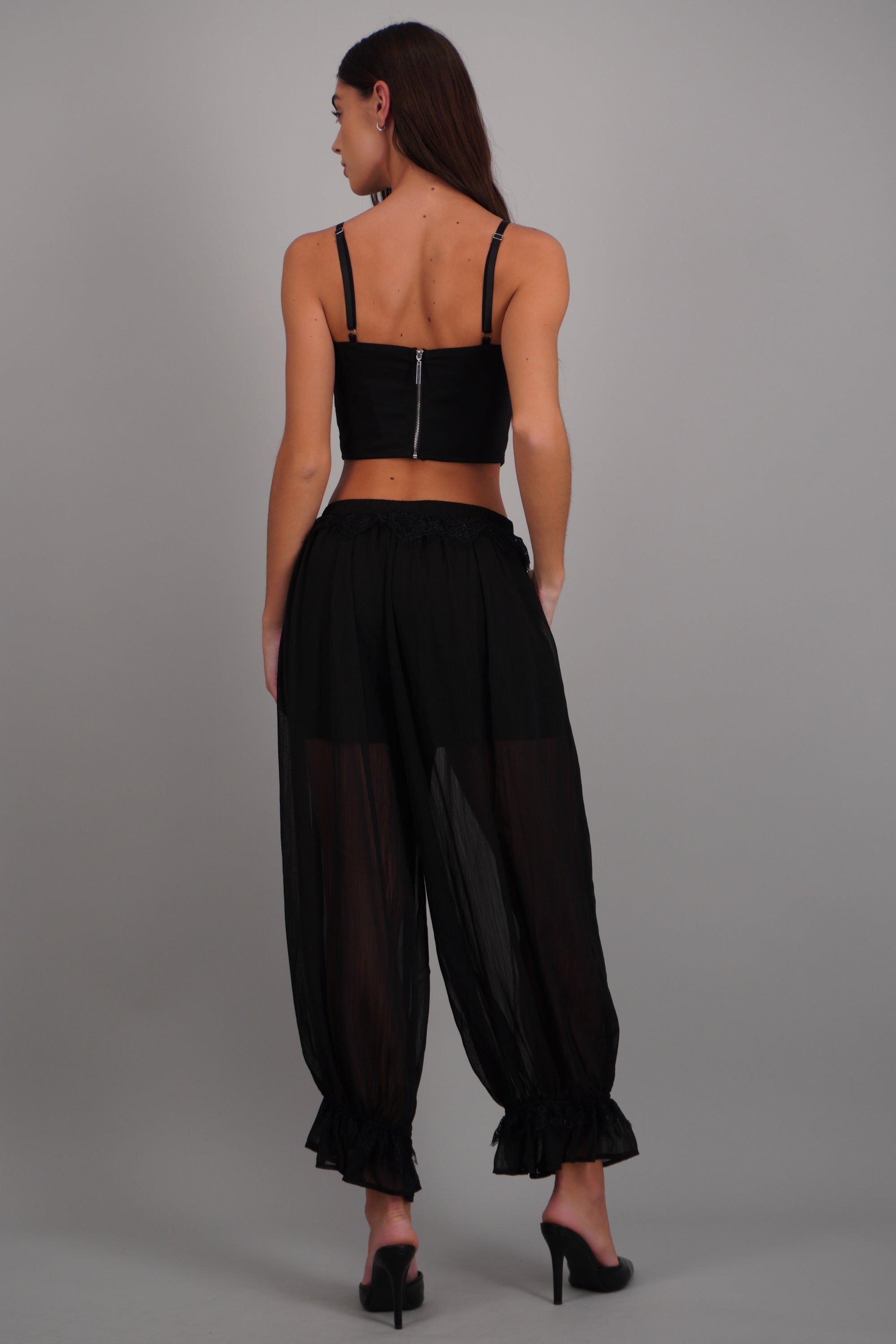 Pantalon liso con encaje acabado balloon NEGRO