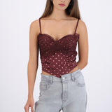 Top corset con encaje y estampado polka dots
