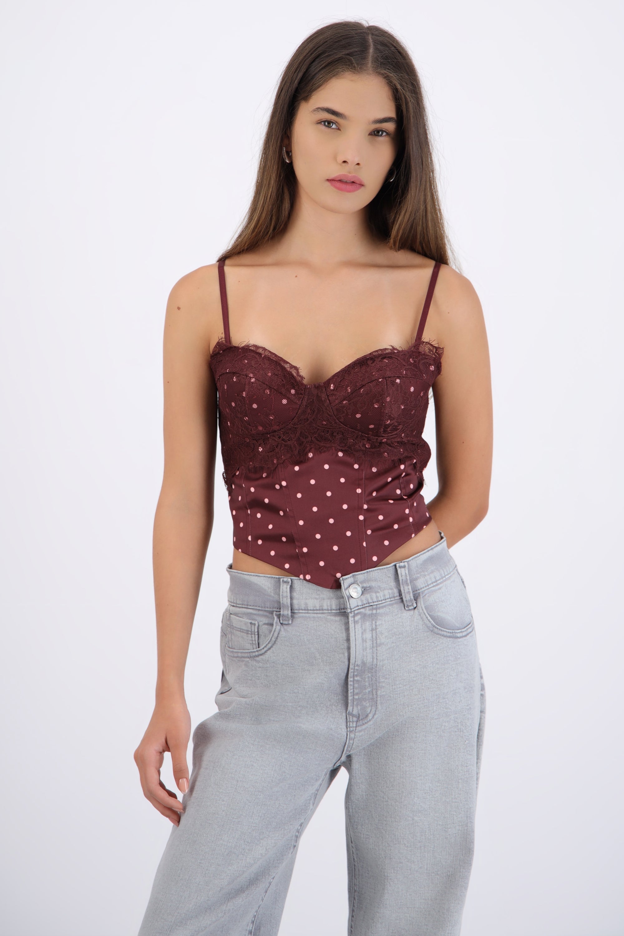 Top corset con encaje y estampado polka dots