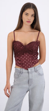 Top corset con encaje y estampado polka dots