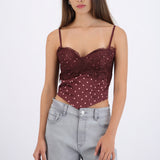 Top corset con encaje y estampado polka dots