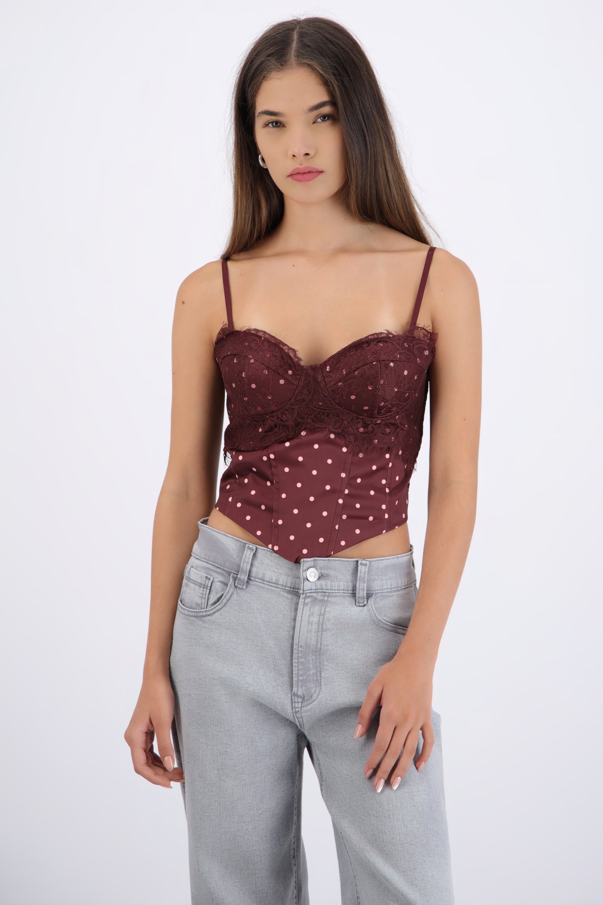 Top corset con encaje y estampado polka dots