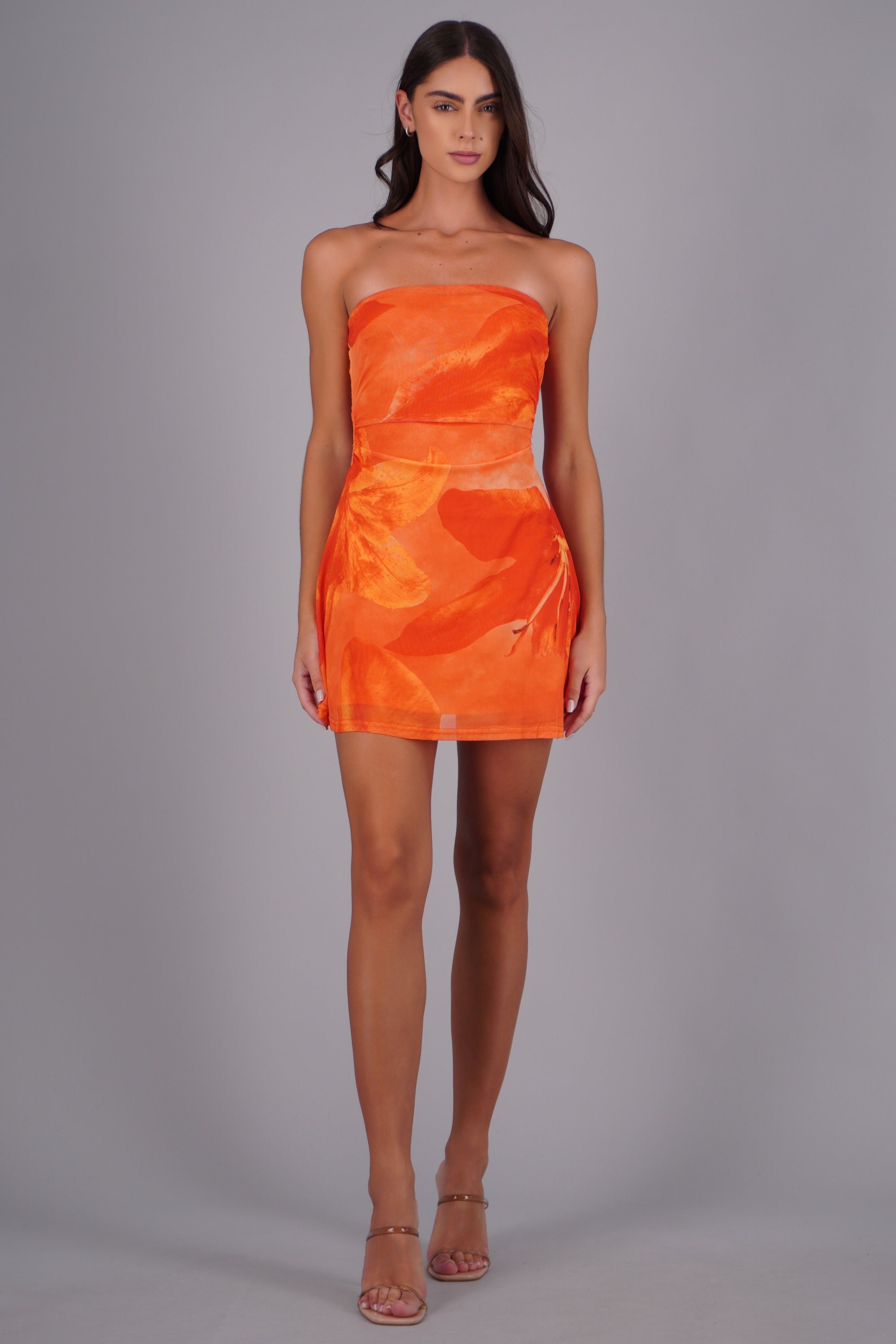 Vestido mini strapple flores NARANJA