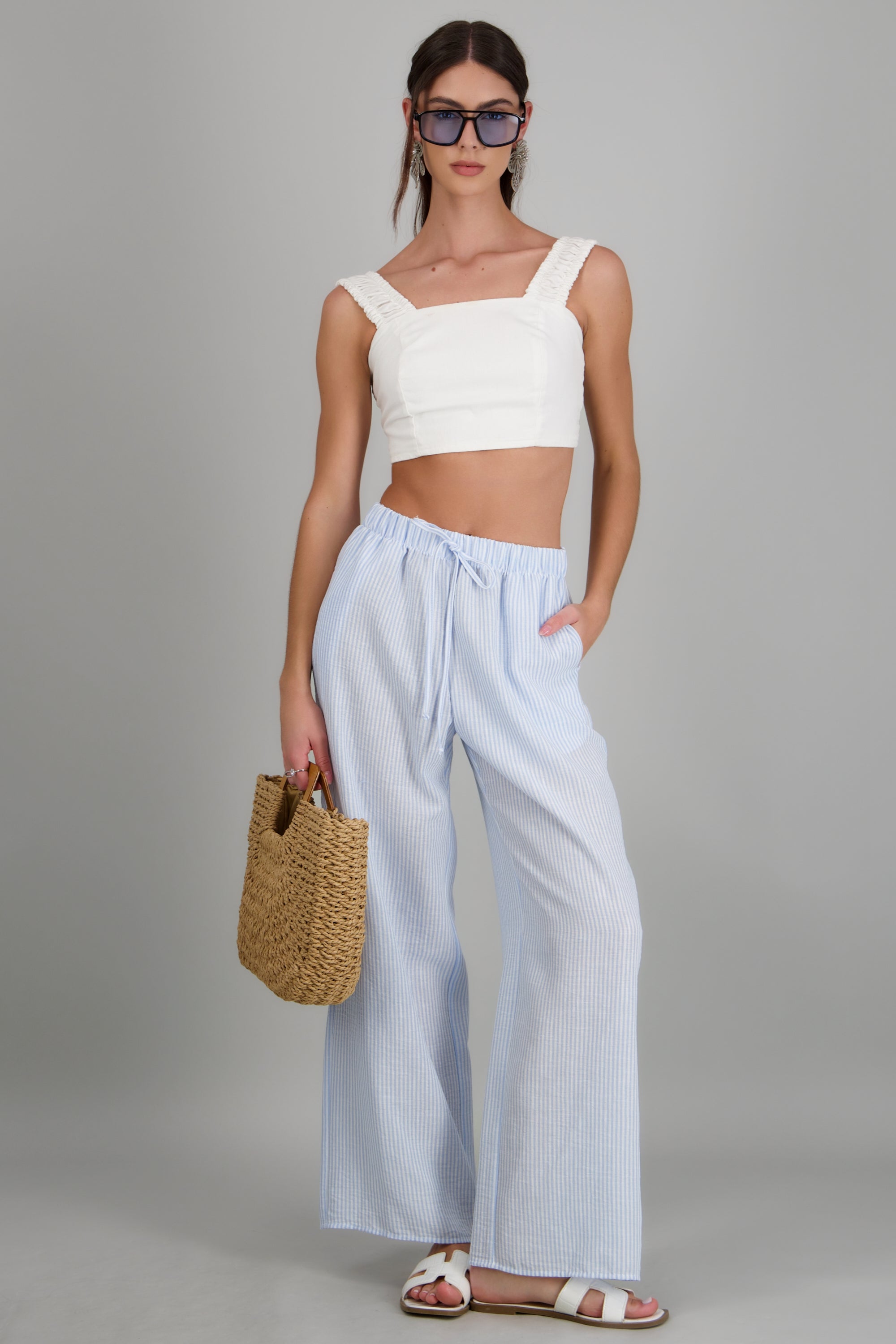 Pantalon wide leg detalle pretina elastica AZUL COMBO