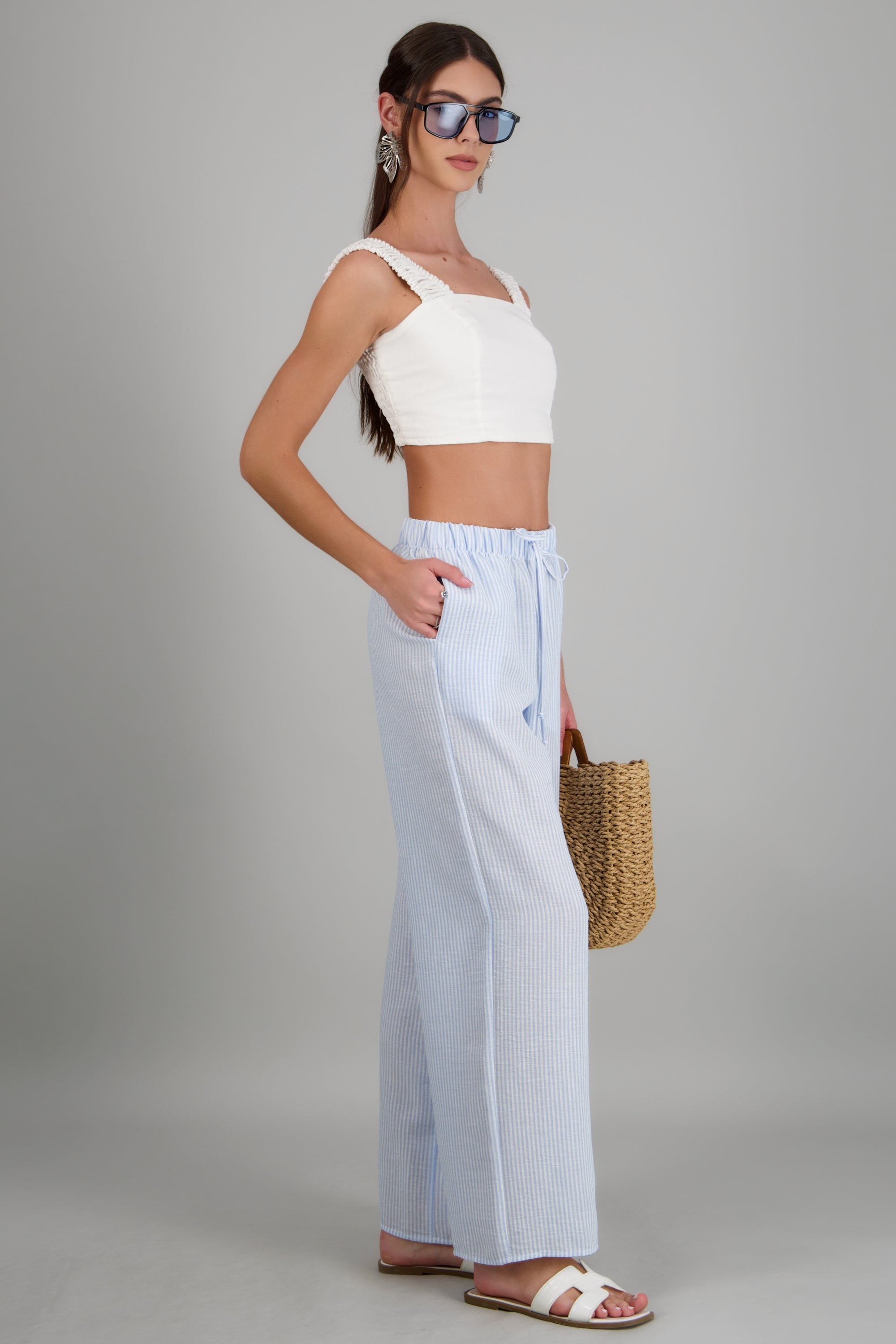 Pantalon wide leg detalle pretina elastica AZUL COMBO