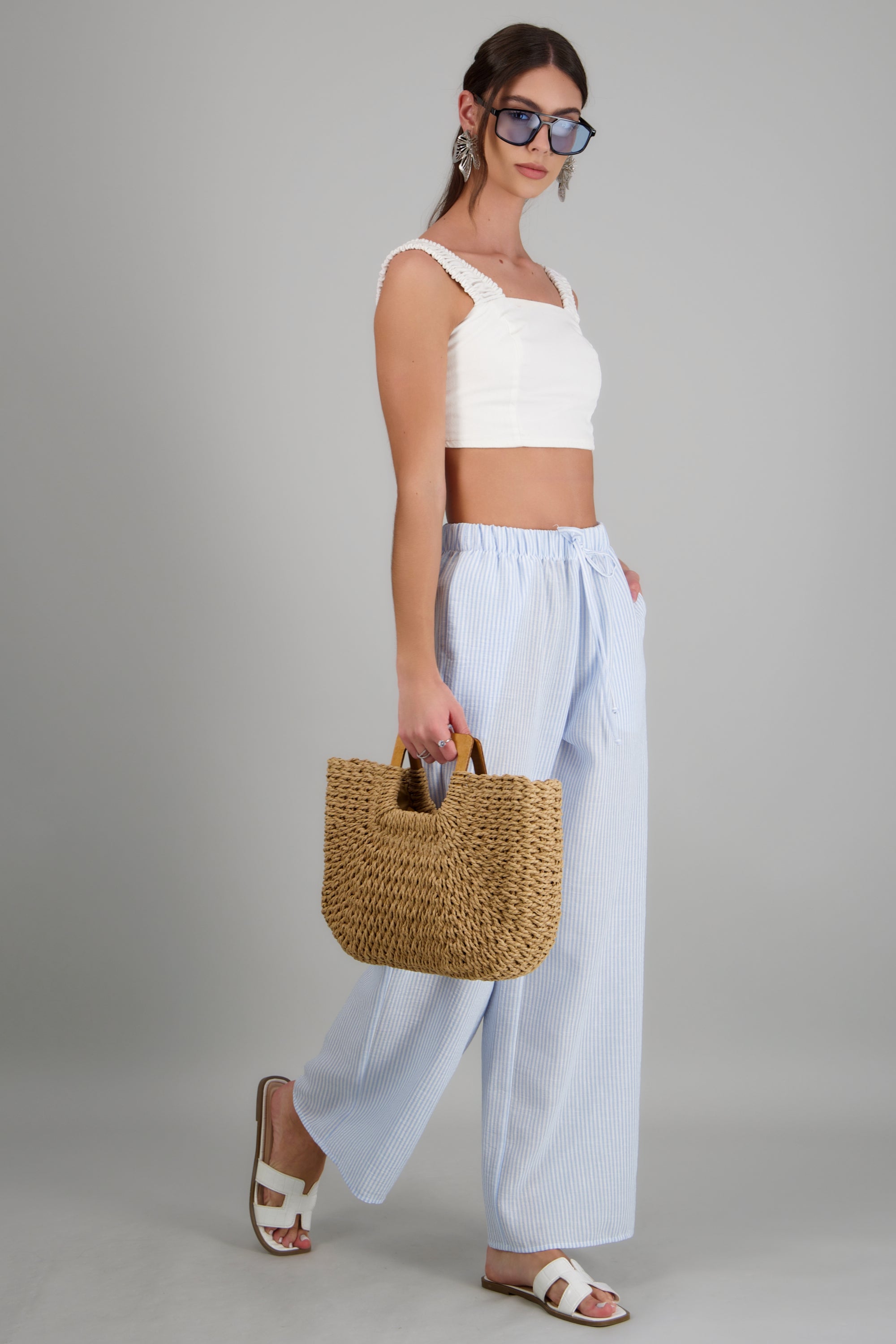 Pantalon wide leg detalle pretina elastica AZUL COMBO