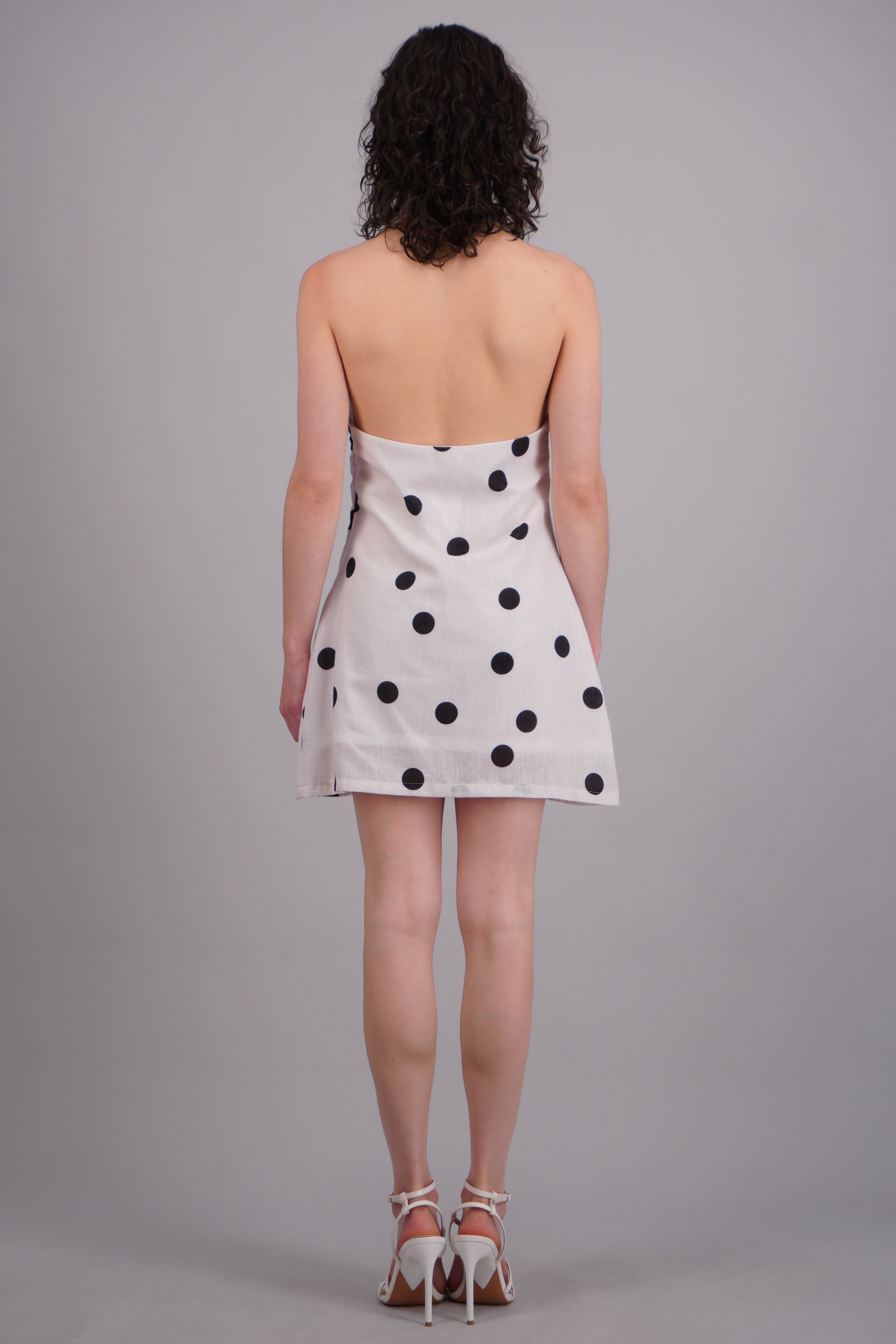 Vestido halter de lino con polka dots BLANCO COMBO