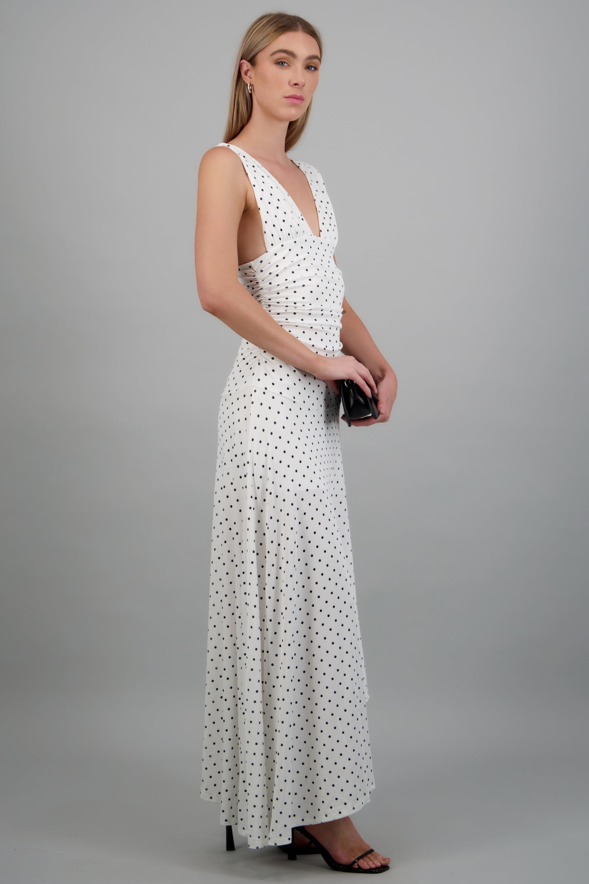 Vestido maxi polka dots drapeado BLANCO COMBO