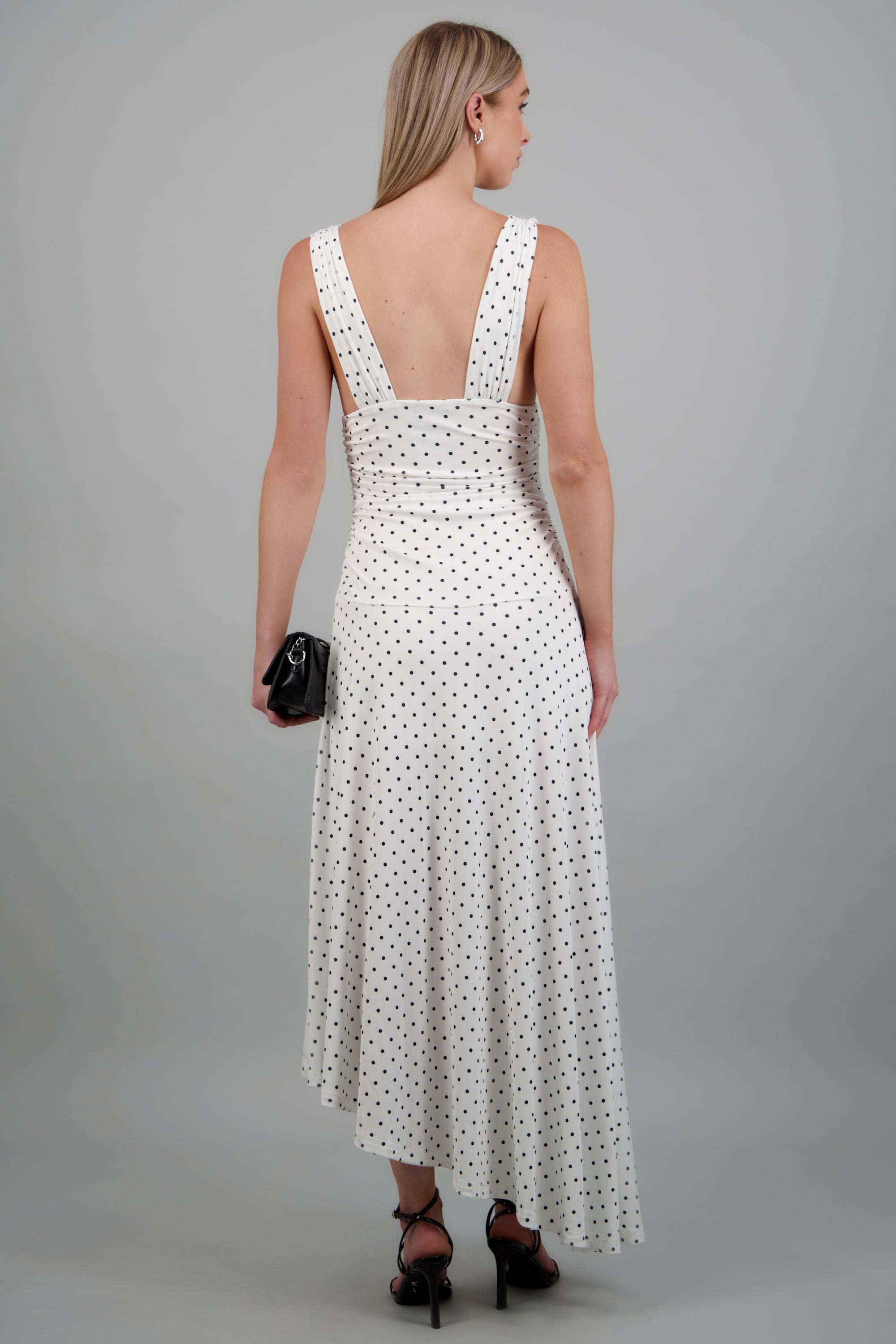 Vestido maxi polka dots drapeado BLANCO COMBO
