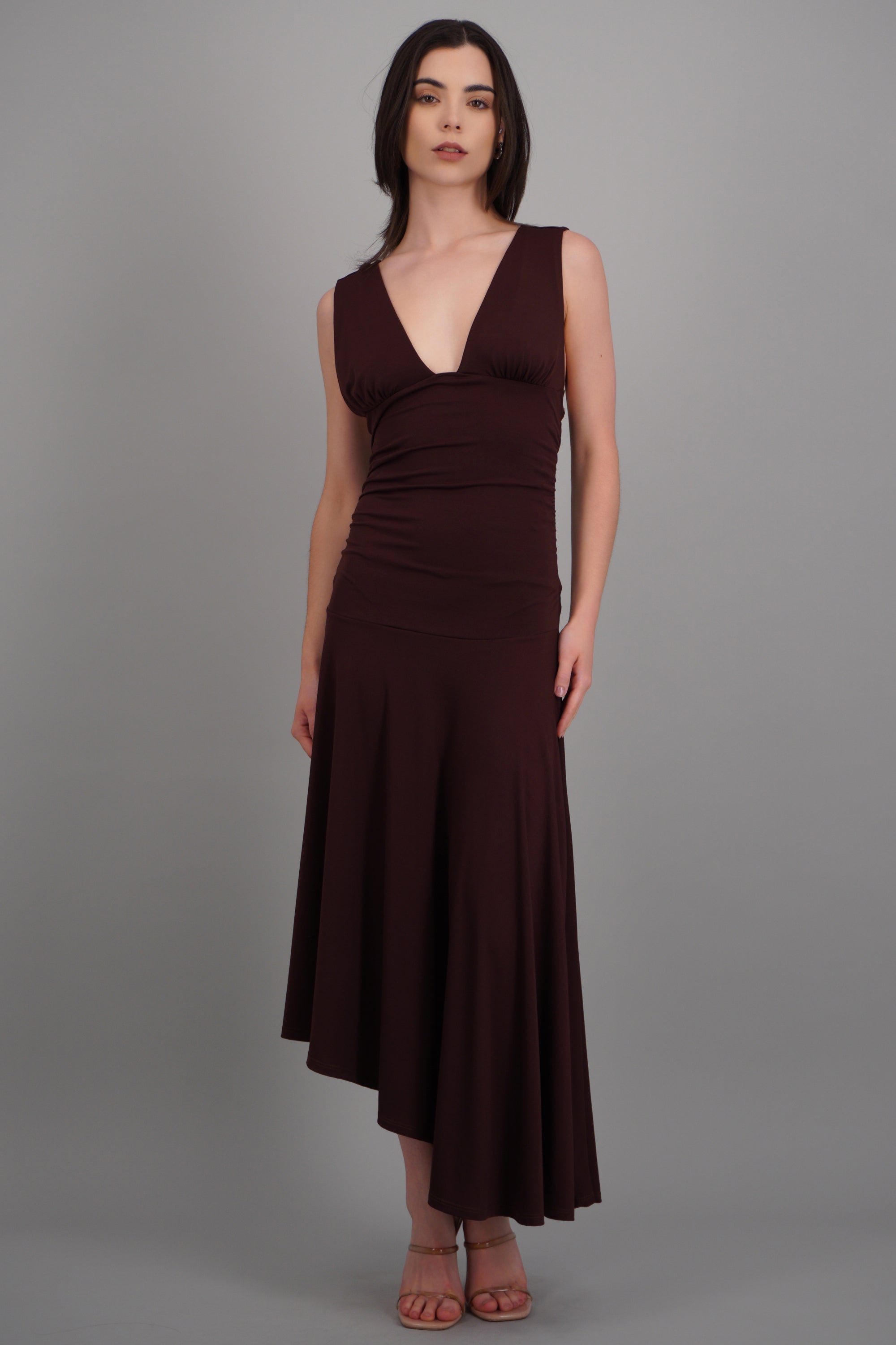 Vestido midi escote V drop waisted CHOCOLATE