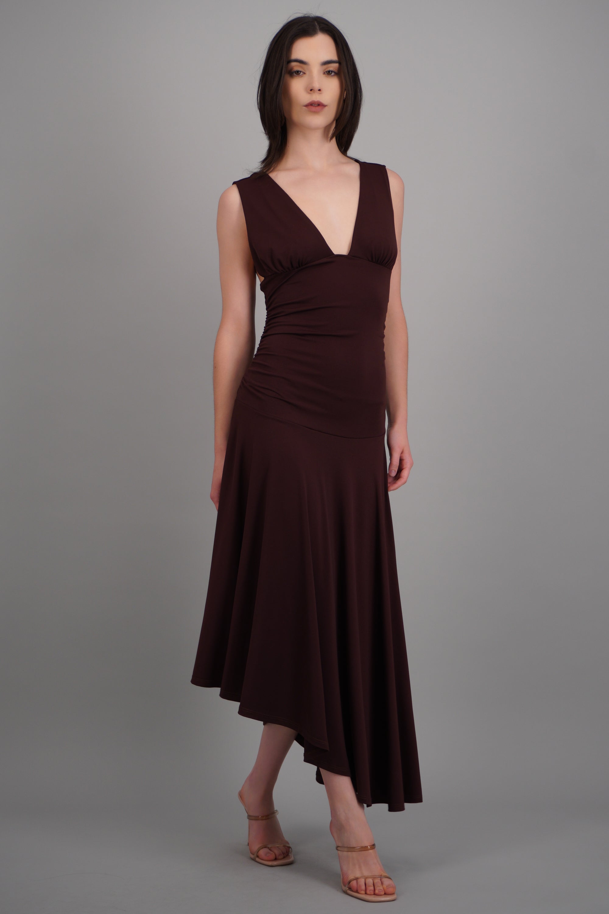 Vestido midi escote V drop waisted CHOCOLATE