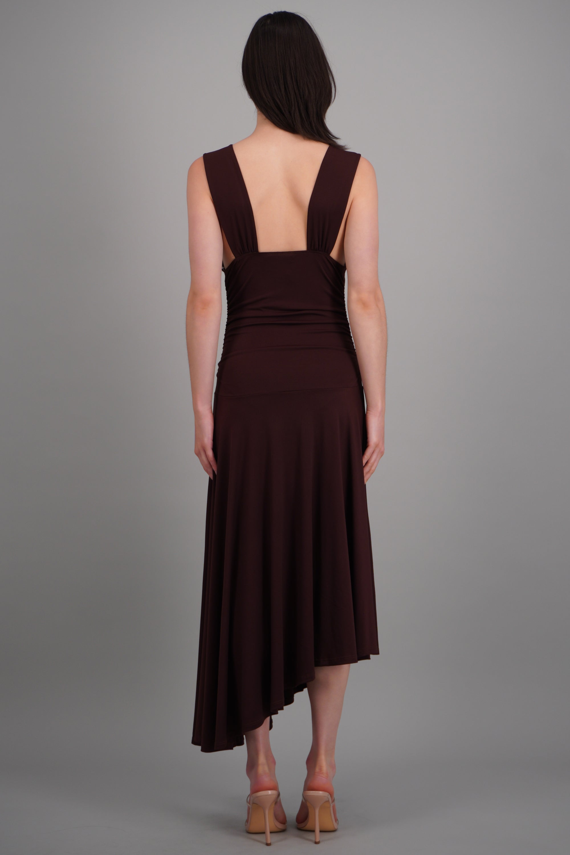 Vestido midi escote V drop waisted CHOCOLATE