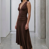 Vestido midi escote V drop waisted