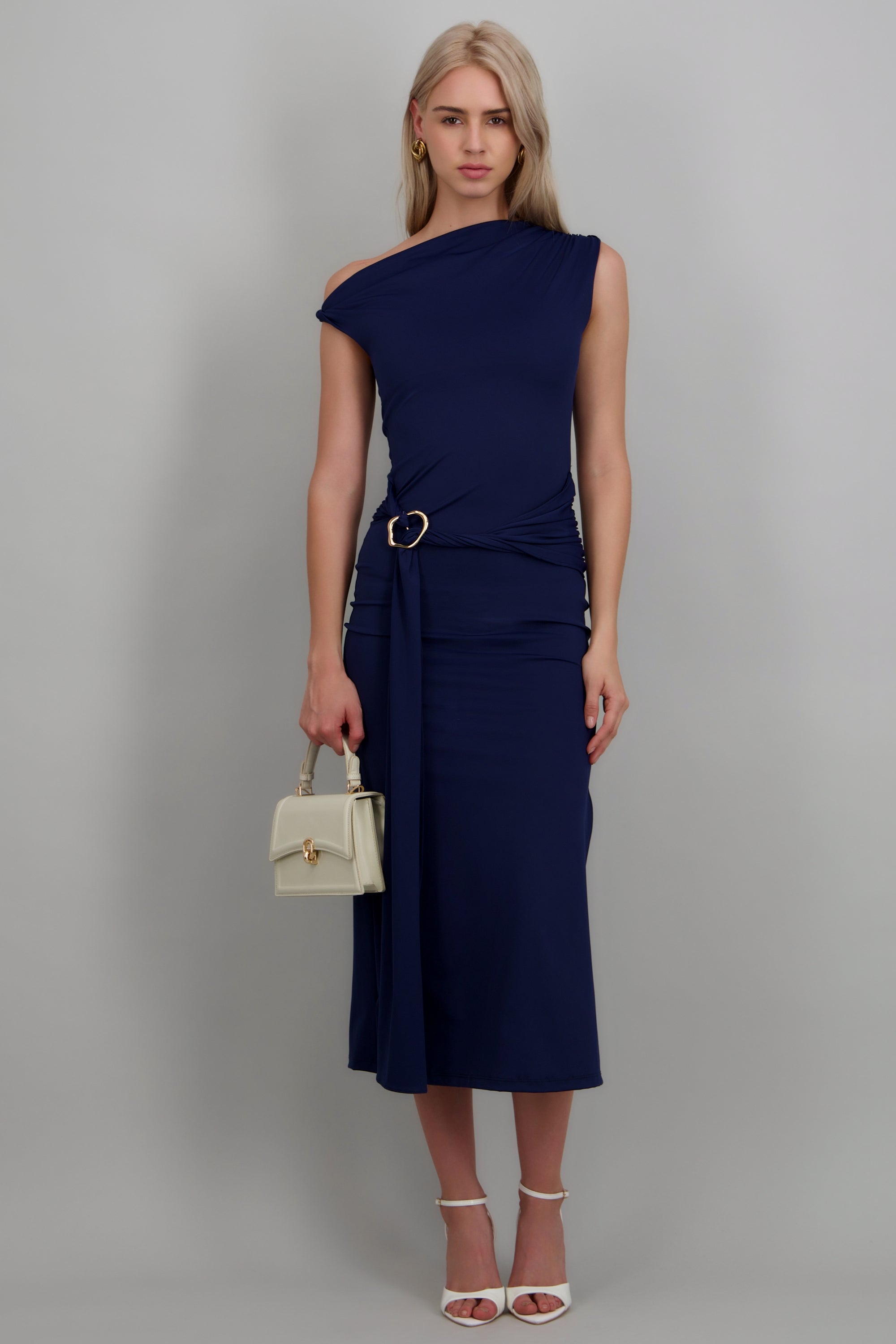 Vestido midi hombro caido detalle cadera MARINO