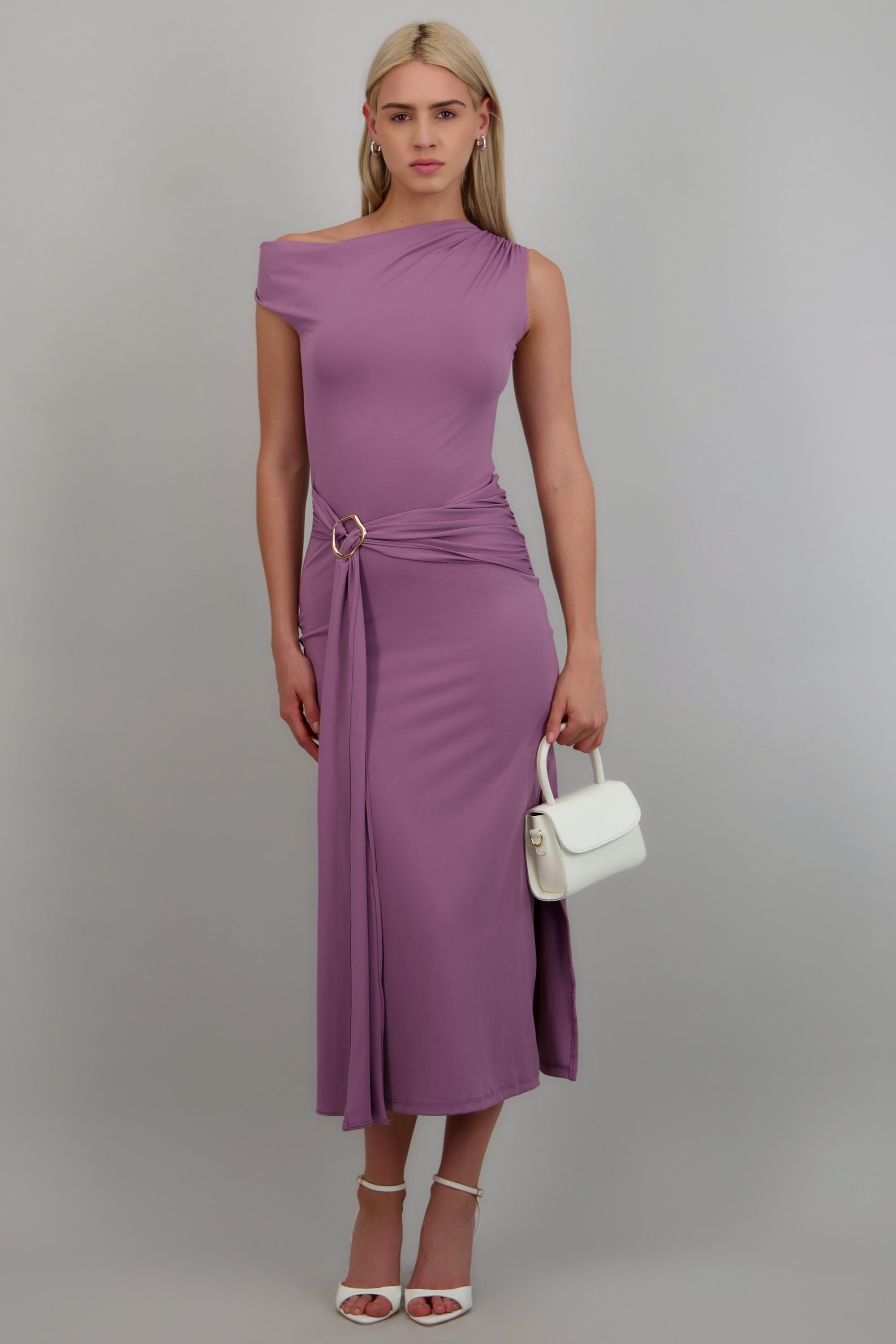 Vestido midi hombro caido detalle cadera LAVANDA