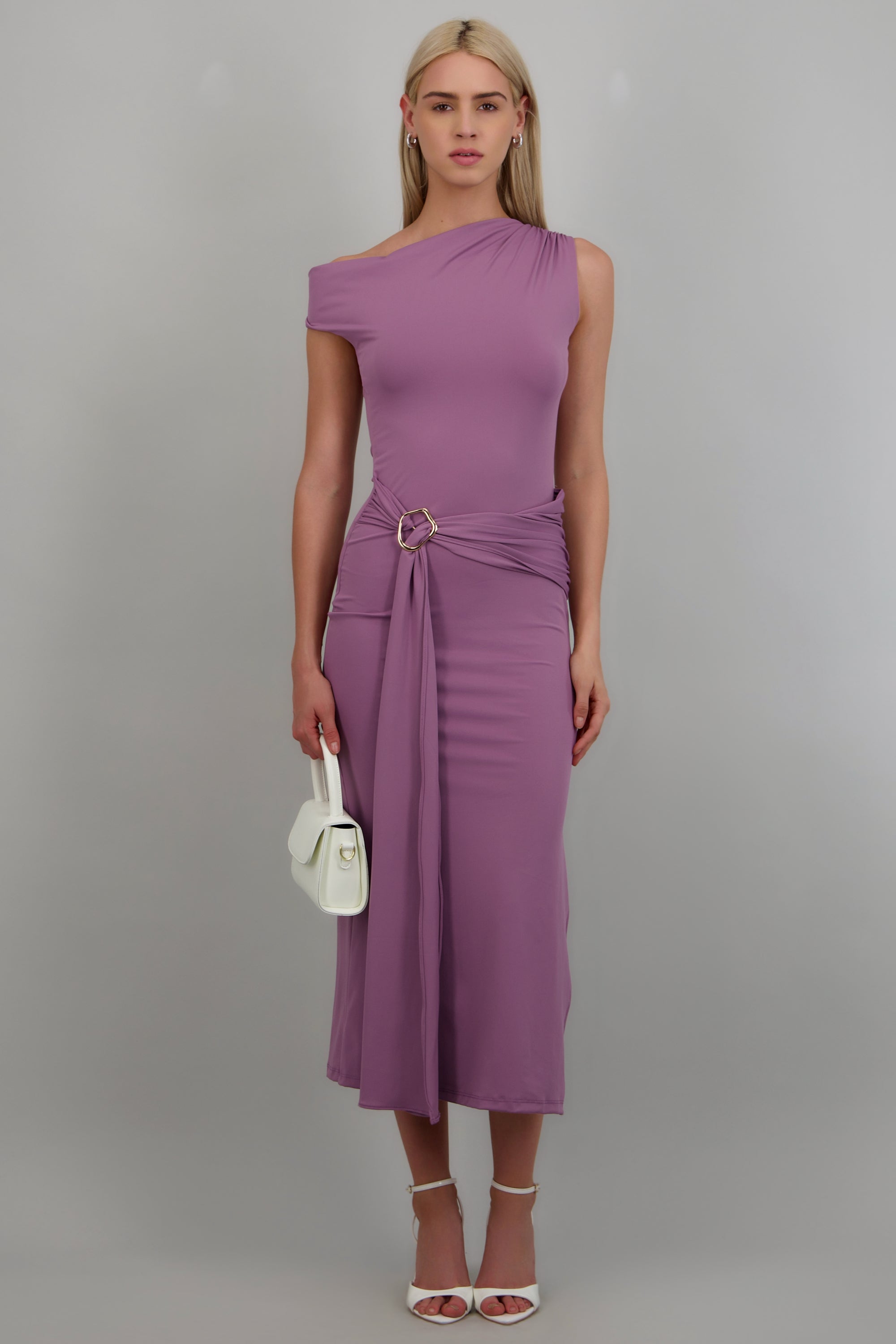 Vestido midi hombro caido detalle cadera LAVANDA