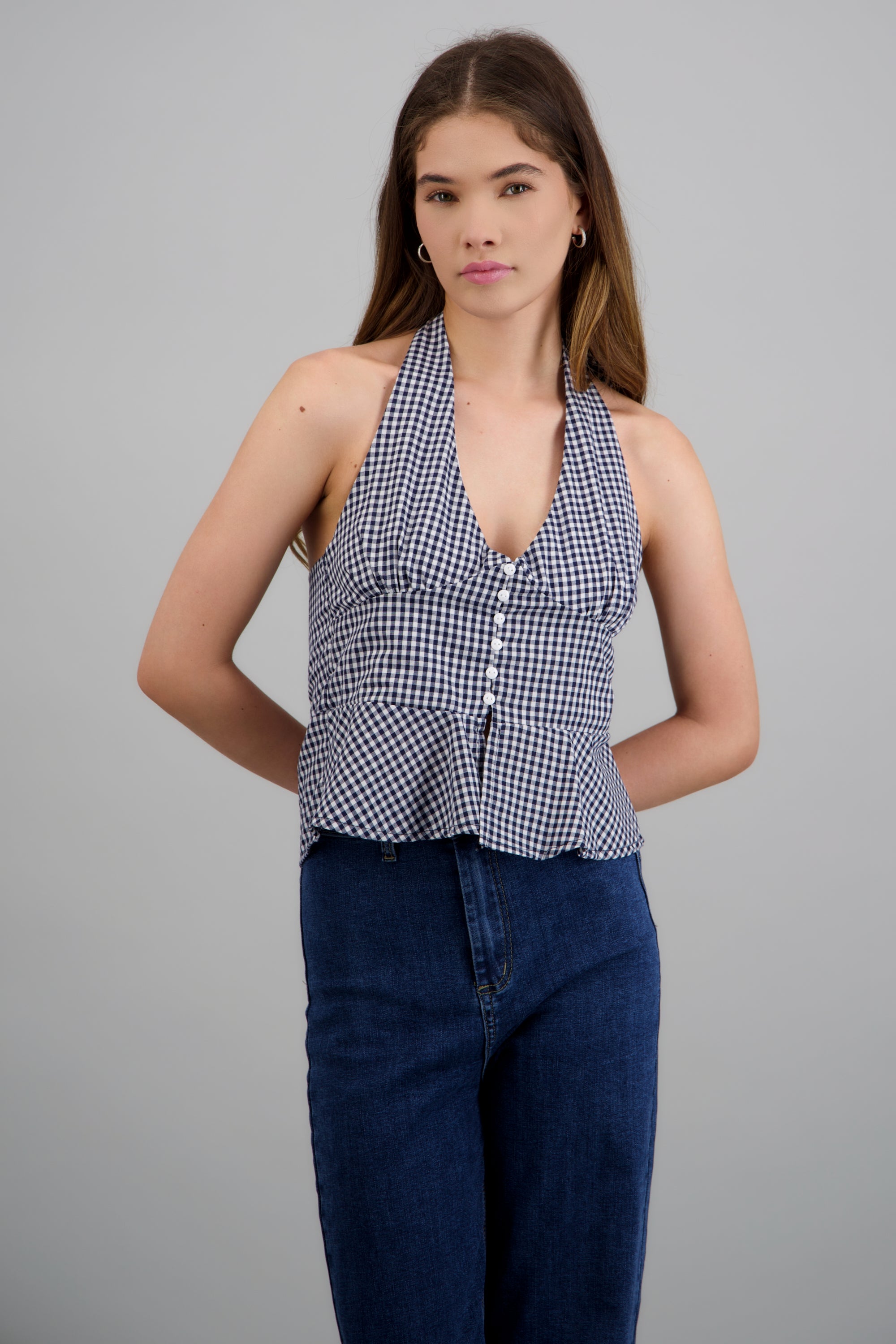 Top halter detalle botones gingham MARINO COMBO
