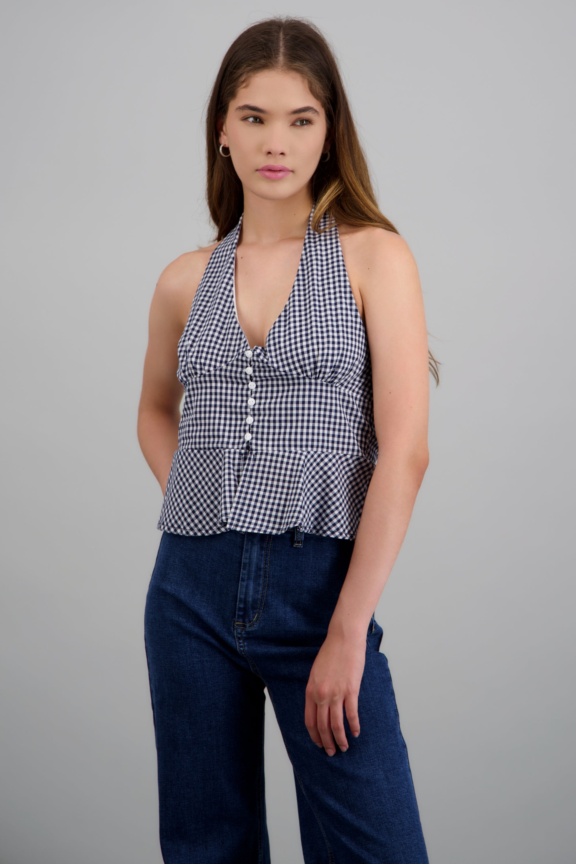 Top halter detalle botones gingham MARINO COMBO