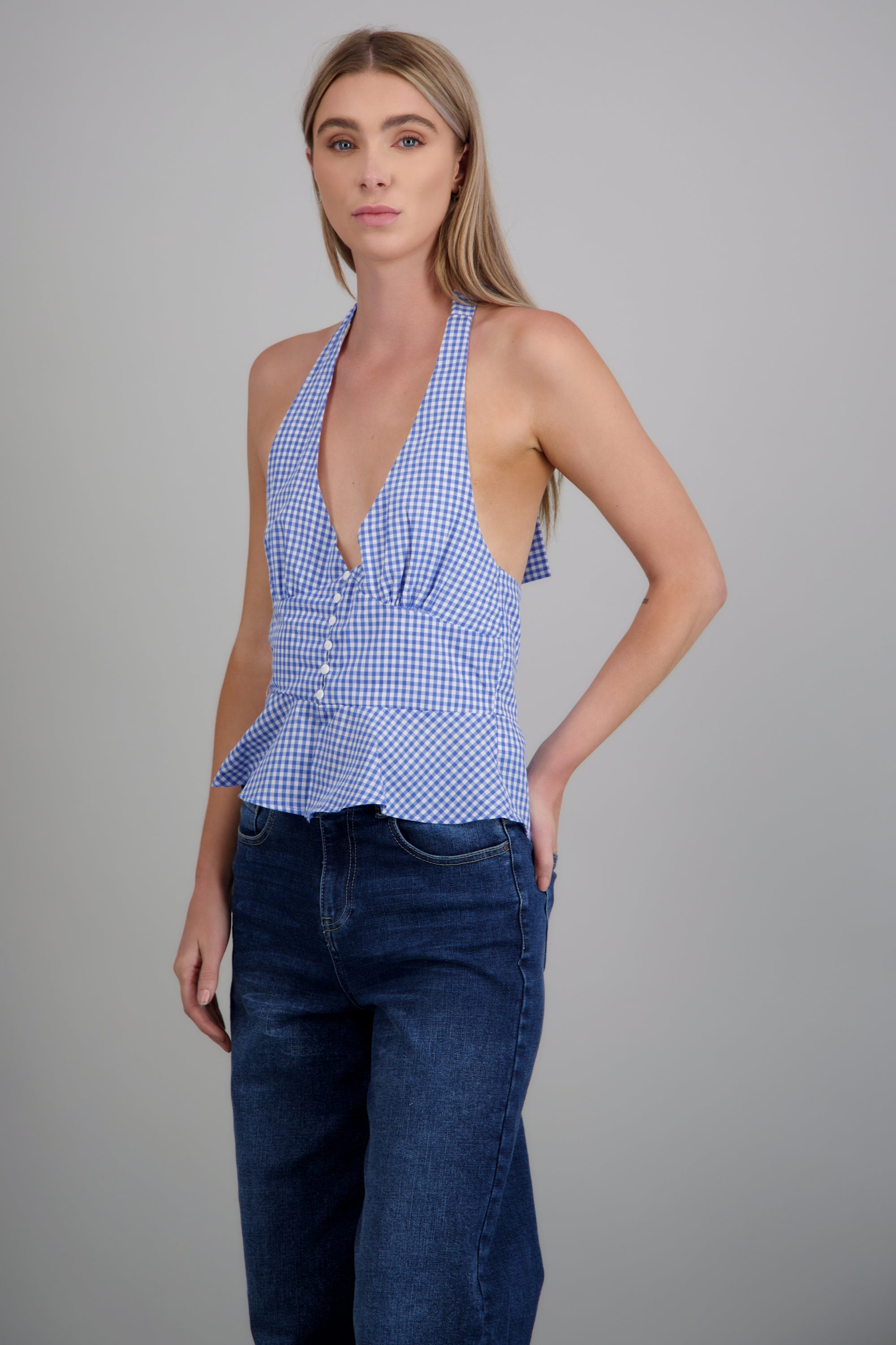 Top halter detalle botones gingham AZUL COMBO