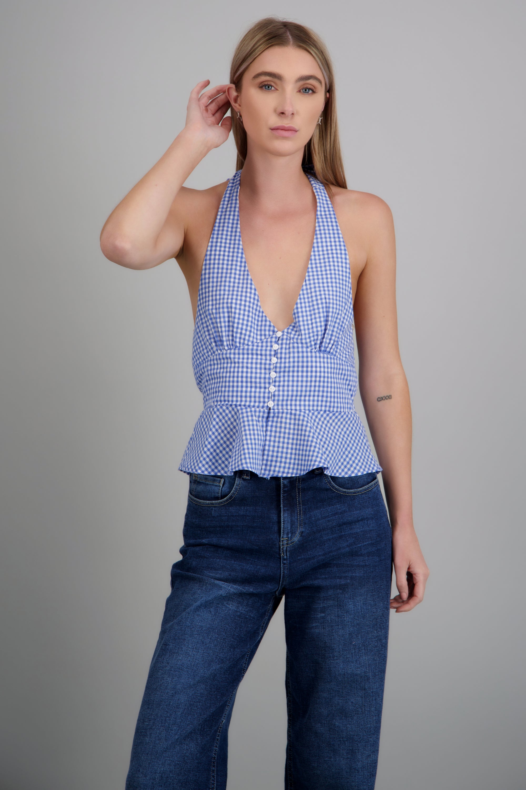 Top halter detalle botones gingham AZUL COMBO