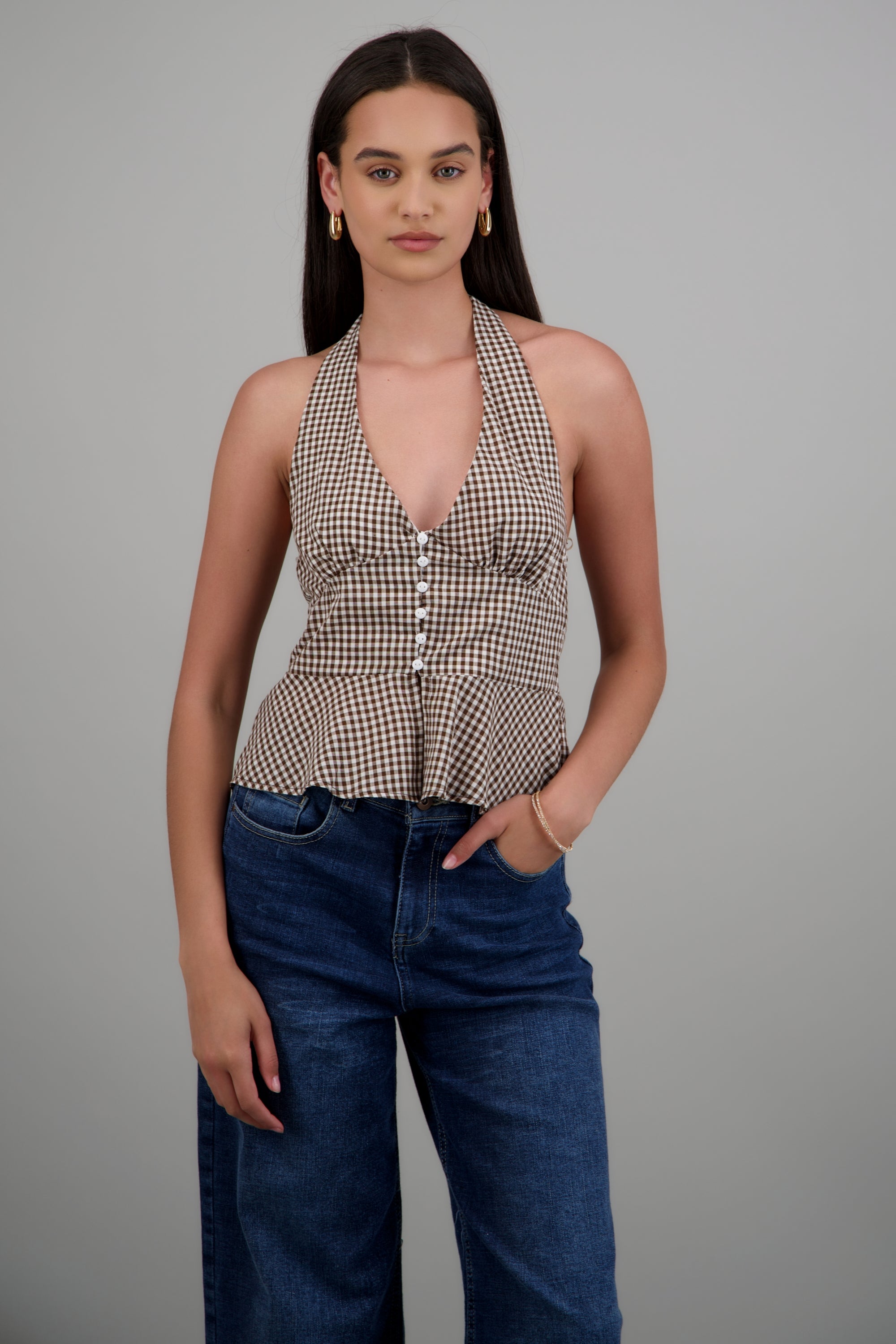 Top halter detalle botones gingham CHOCOLATE
