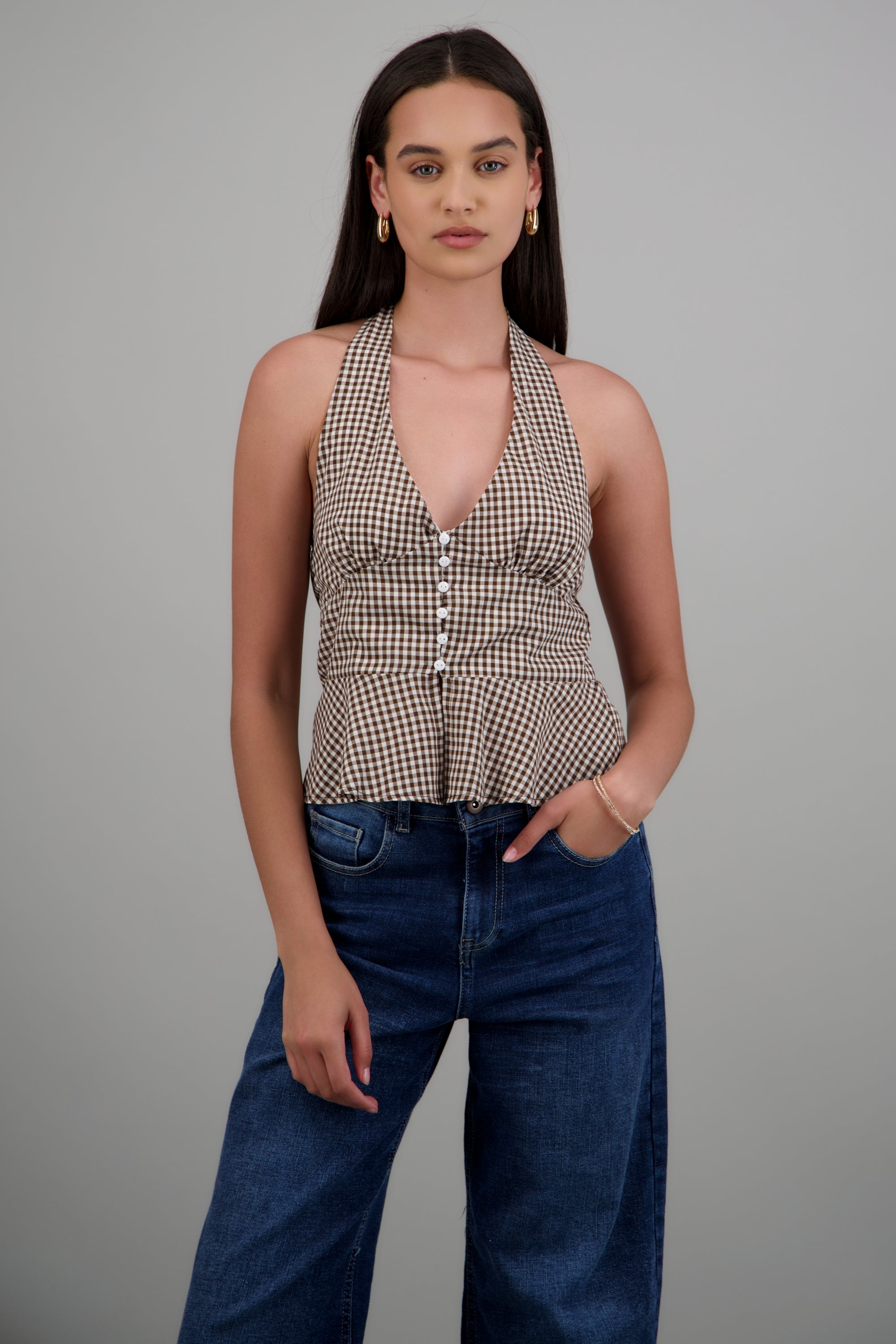 Top halter detalle botones gingham CHOCOLATE