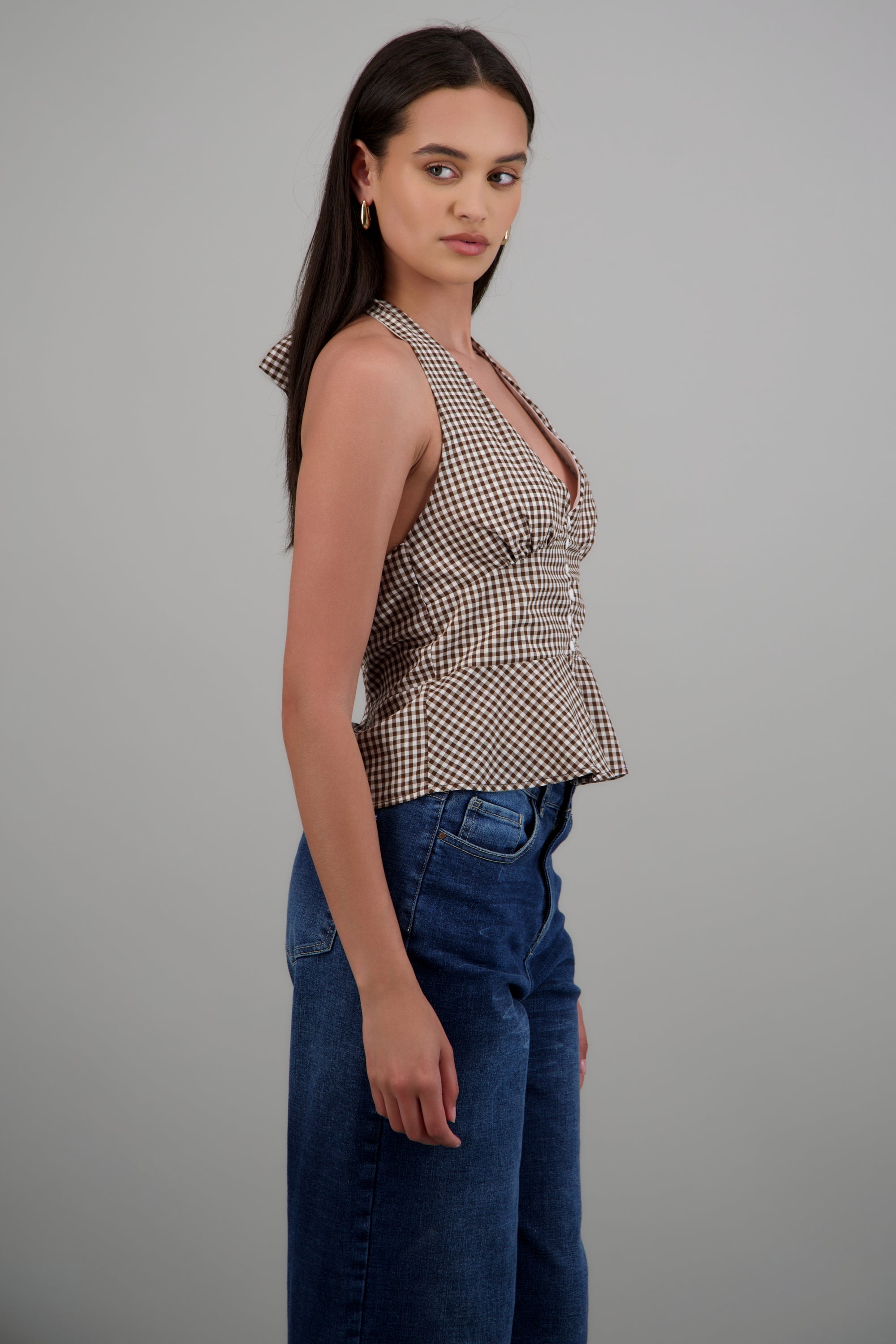 Top halter detalle botones gingham CHOCOLATE