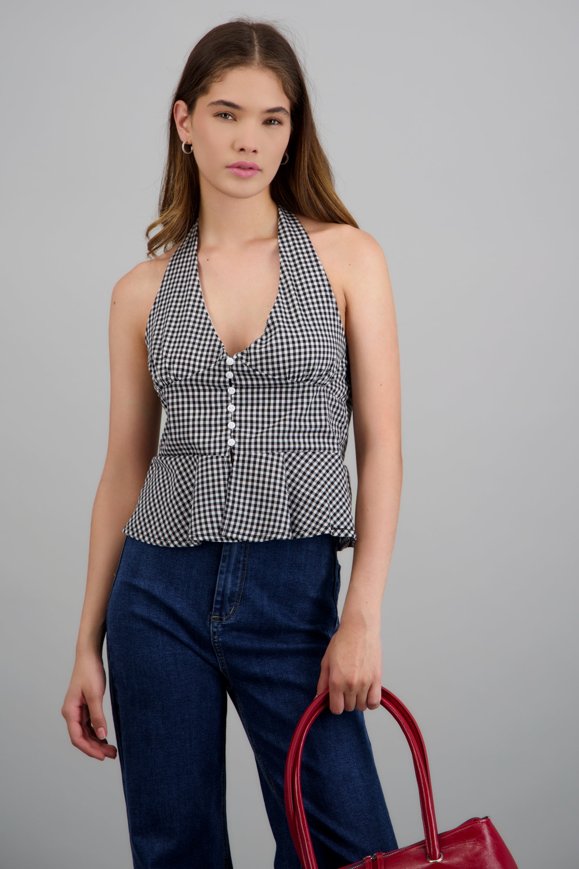 Top halter detalle botones gingham NEGRO COMBO